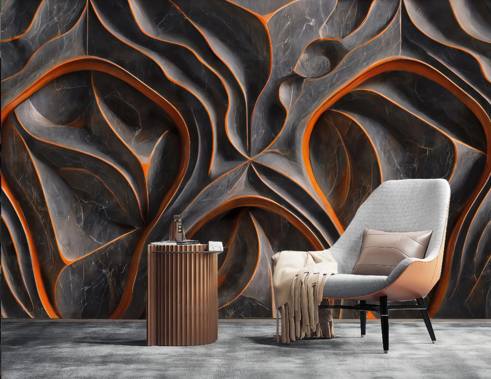 Nowoczesna trójwymiarowa geometryczna tłoczona skała abstrakcyjny wzór marmuru pomarańczowy marmurowy telewizor sofa tło tapeta ścienna salon restauracja kawiarnia, 3D, 250 x 175 cm