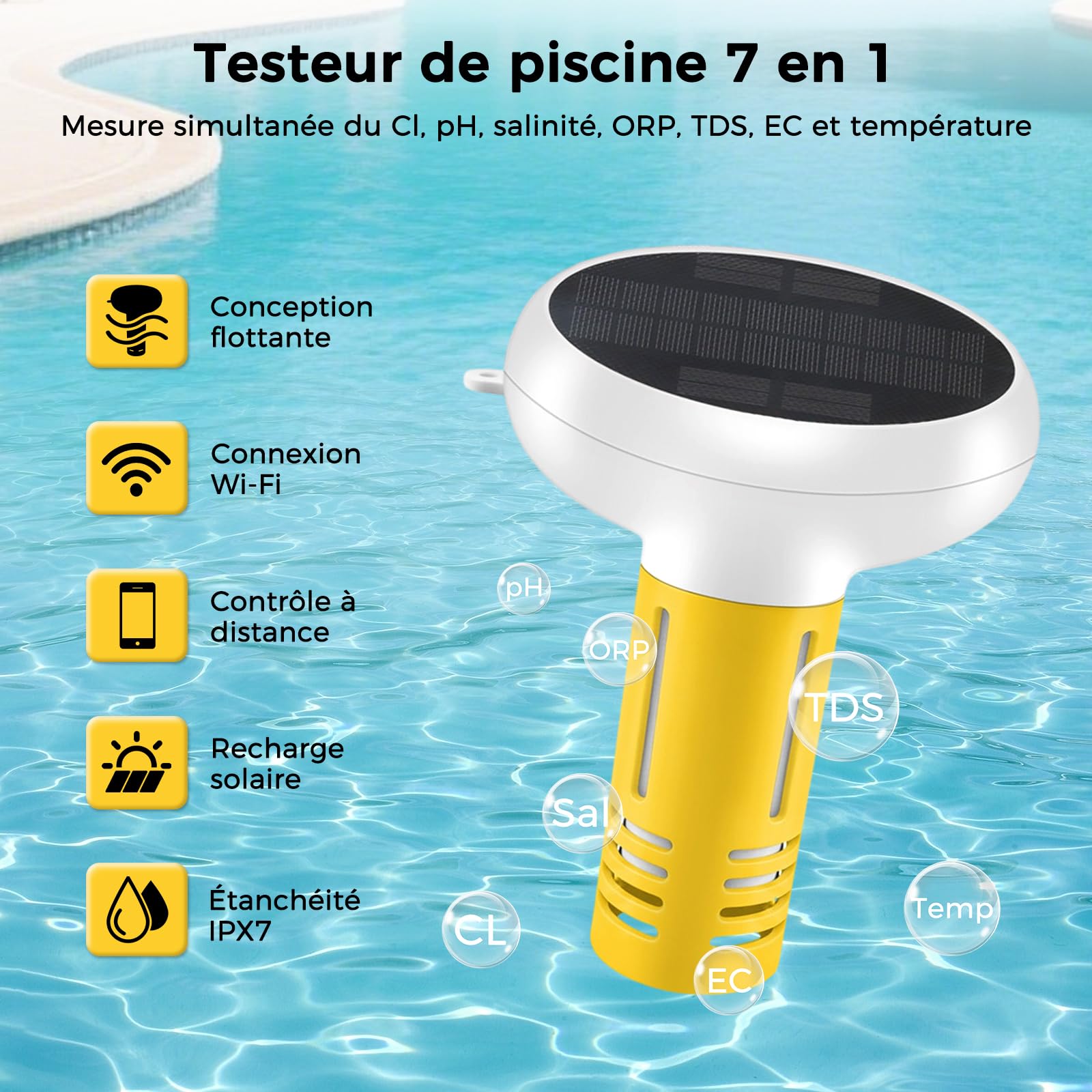 Thermomètre de piscine flottant 7 en 1 à énergie solaire pour moniteur de qualité de l'eau Tuya, pH de piscine, salinité, CL, PH, sel, ORP, conductivité électrique, moniteur de température, testeur