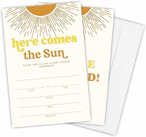 Here Comes The Sun Baby Shower Invitación, 25 Invitaciones Retro Sun Baby Shower con sobres, rellena tarjetas de invitación de doble cara, recuerdos