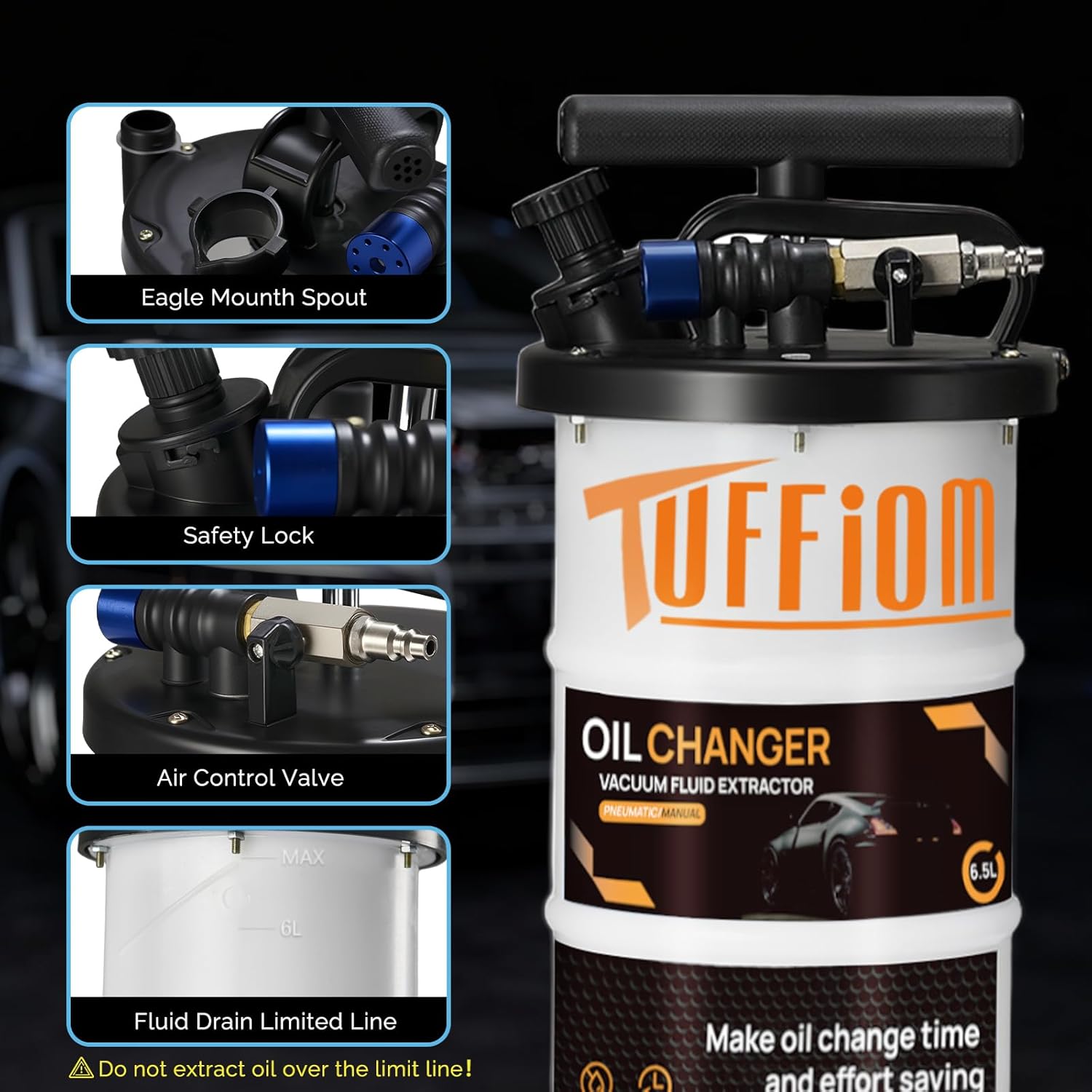 TUFFIOM 6.5L Oil Extractor Pump, Pneumatic/Manual Vacumm Fluid Extractor for Automotive Oil Change, Truck, Mower, Effortless 4-Step Use with Dipstick & Transfer Hose, Black-Orange