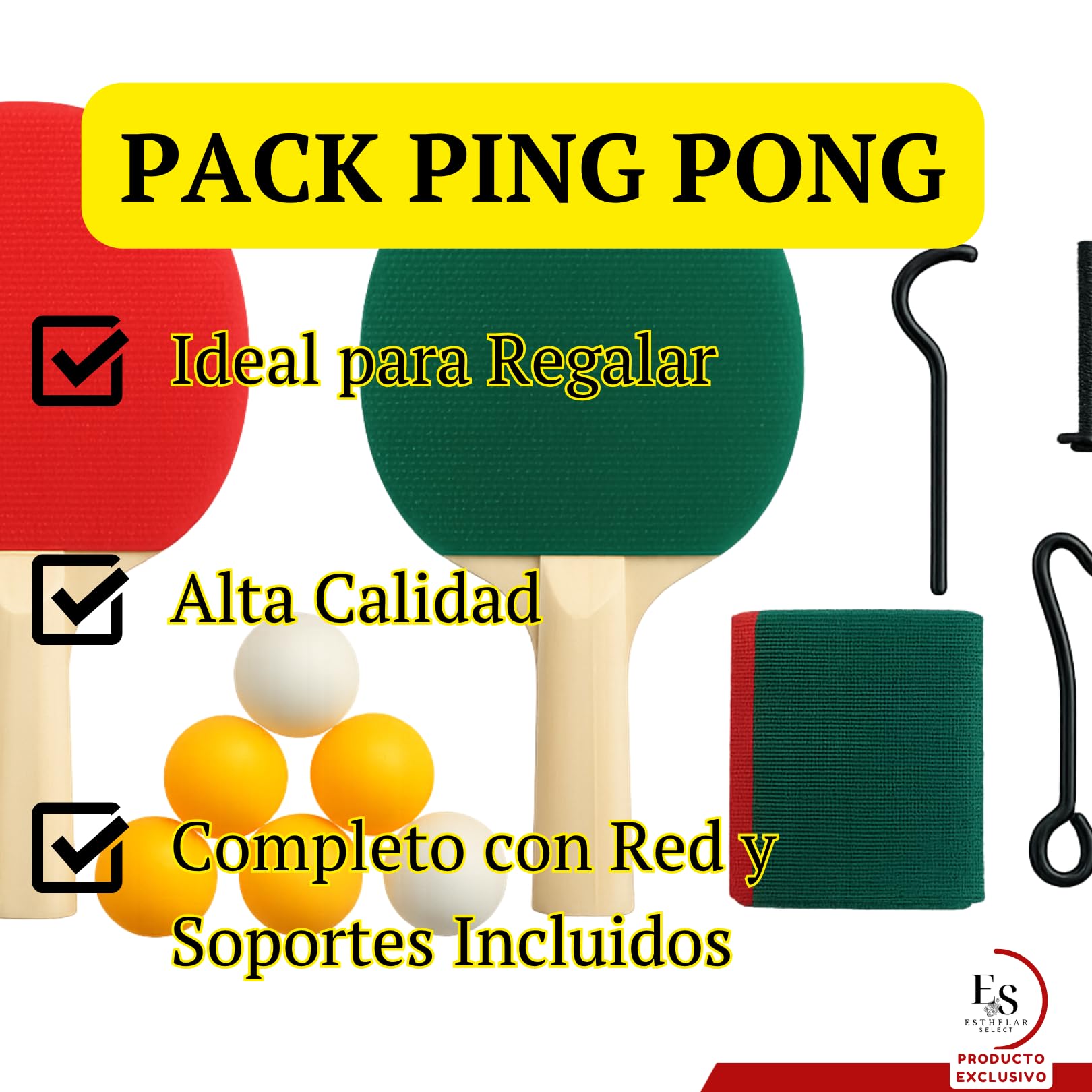 Set de Ping Pong Portátil – 2 Palas + 3 Pelotas + Red con Soportes – Juego de Mesa para Exterior e Interior – Ideal para Camping, Jardín, Vacaciones y Escapadas