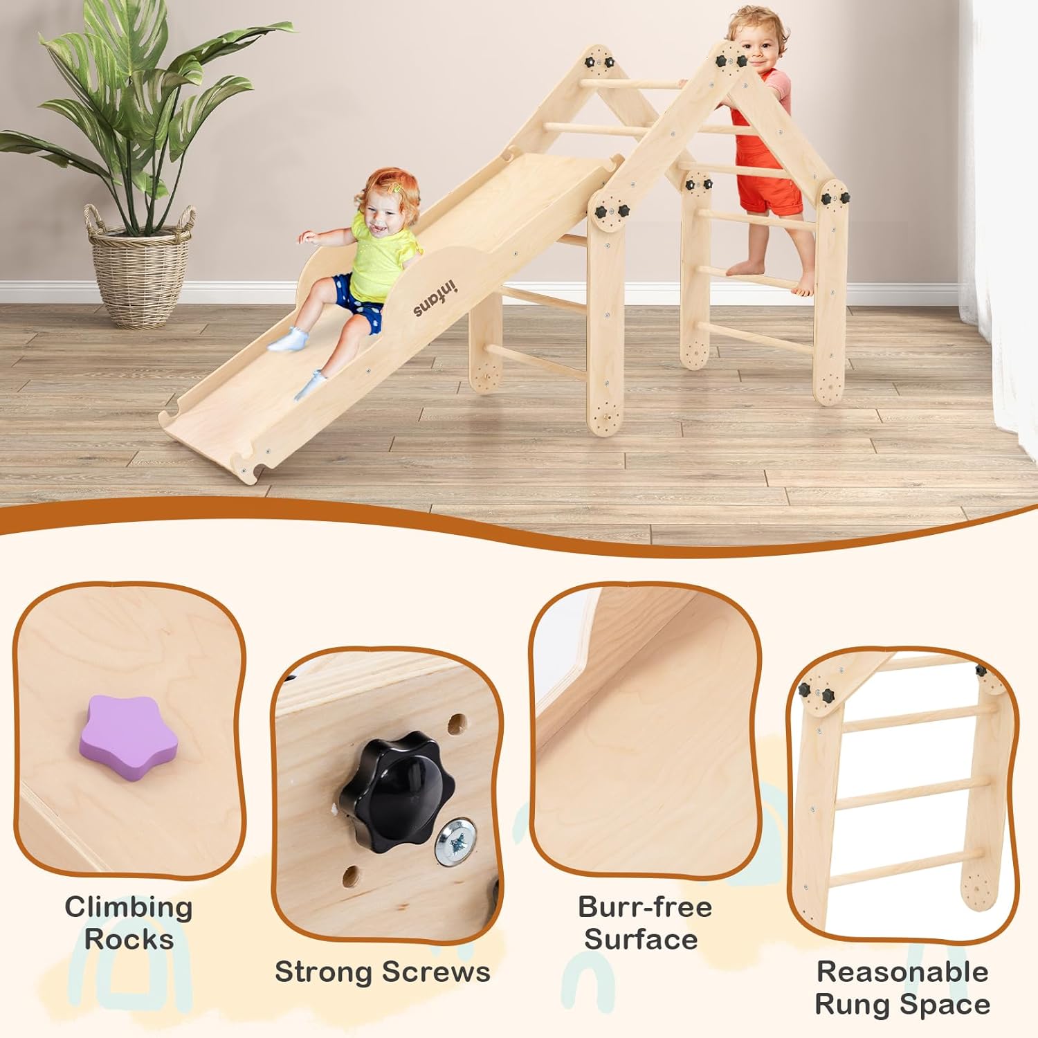 INFANS 12 in 1 Climbing Toys for Toddlers, Upgrade Wooden Montessori Foldable Triangle Climber Set with Reversible Ramp Slide Ladder Seesaw, Indoor Pikler Climb Activity Jungle for Kids Age 3+