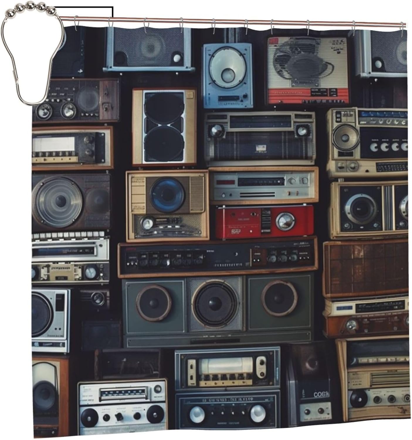Vintage Wall of Radio Boombox Shower Curtain with 12 Hooks Modern Aesthetic Bath Curtain Heavy Duty Waterproof Fabric Shower Curtain for Bathroom Bathtubs Decor 72x72 Inches
