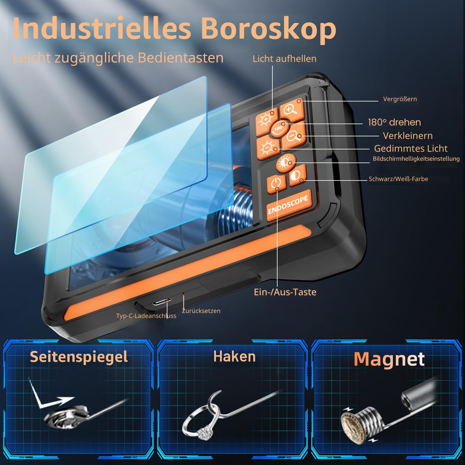 Endoskopkamera mit Licht, 4.3-Zoll-IPS- Bildschirm, 7.9mm IP67 wasserdichte Inspektionskamera mit verbessertem Smart-Chip für Autoreparatur, Lüftungsrohre, Kanalinspektion, 2m Semi-Rigid Kabel