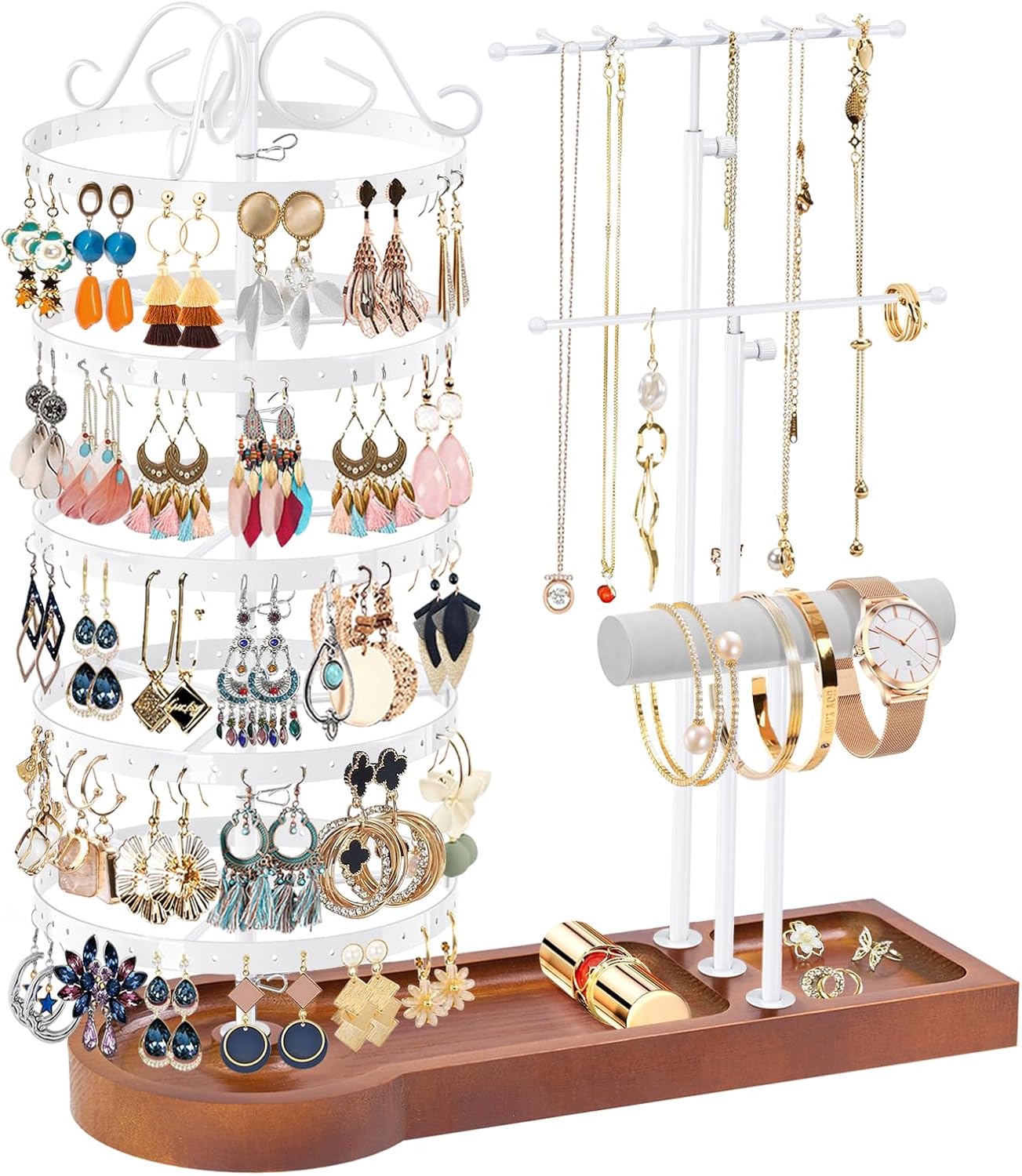 Jewelry Earring Holder Organizer, Adjustable 5 Tiers Rotating Earring Holder 3 Tier Necklace Holder with Wooden Base, Multi-Functional Jewelry Organizer Display Stand for Studs Bracelet Women(Gold)