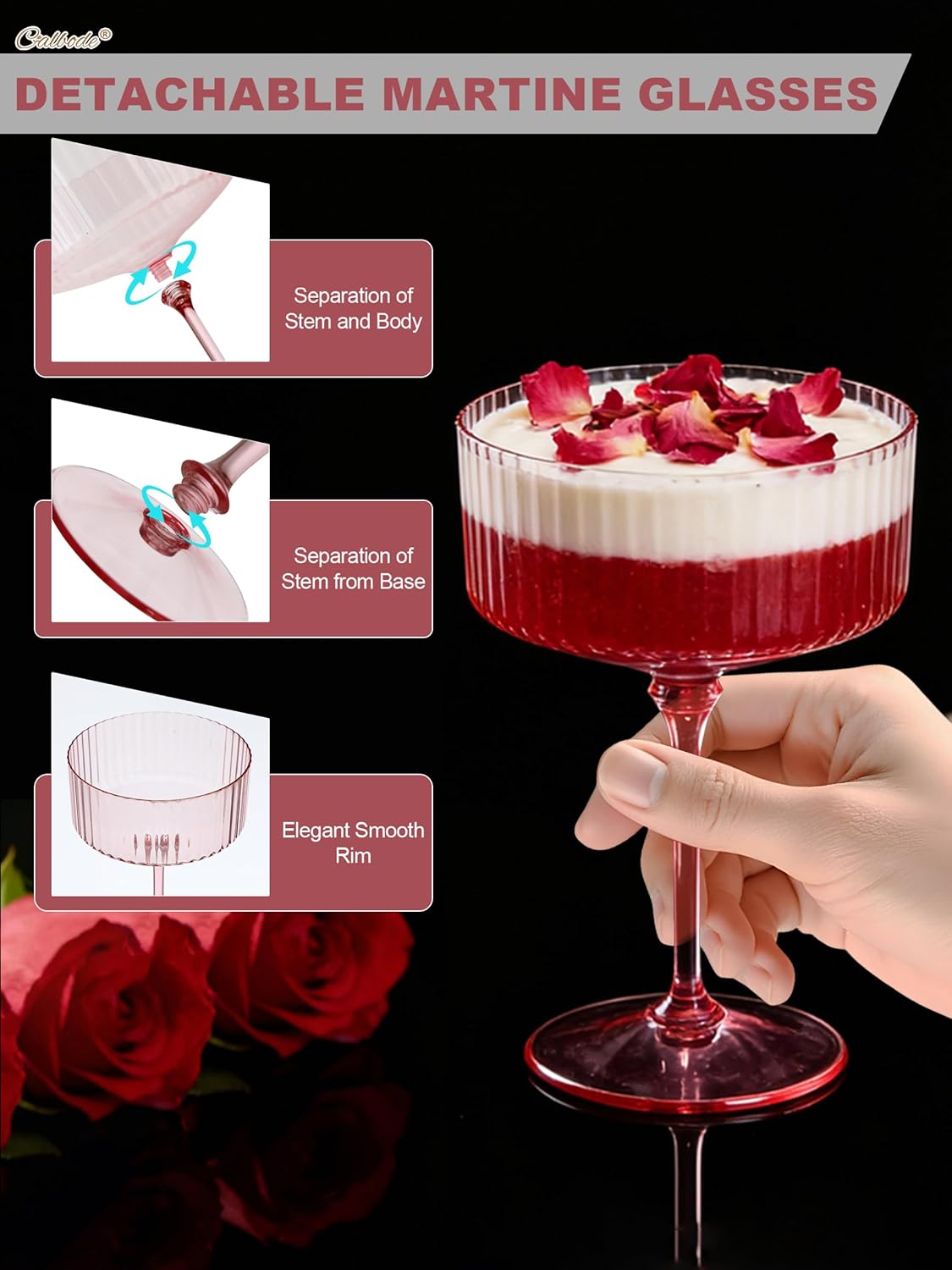 24Pcs Plastic Martini Glasses with Detachable Stems, 10oz Plasitc Ribbed Champagne Coupe Glasses Pink Martini Glasse Champagne Tower for Valentine's Day Wedding Bridal Shower Party Anniversary - Image 3