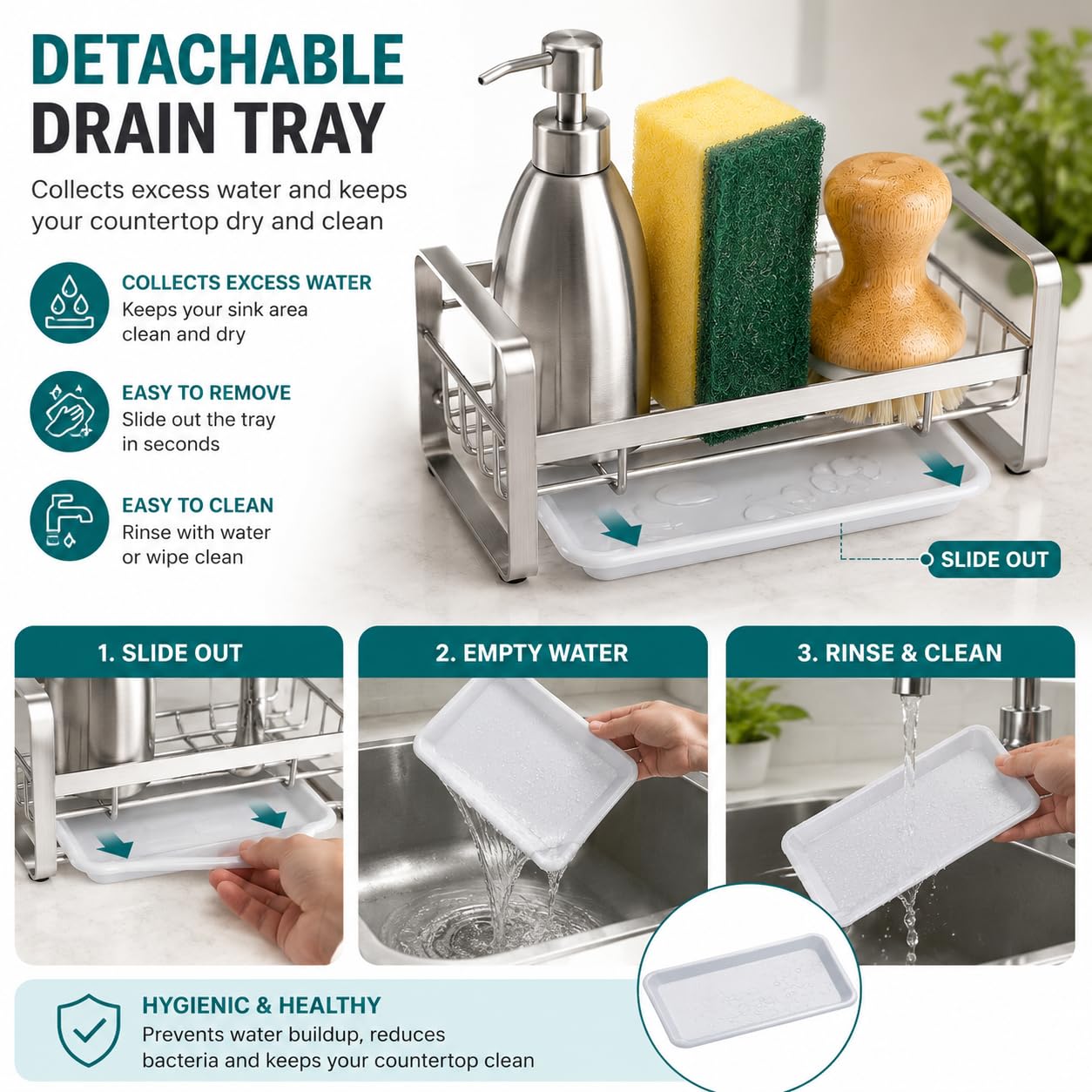 Zollyss Stainless Steel Kitchen Sink Caddy Organizer with Drain Tray | Countertop & Wall Mount Soap Sponge Holder | Rustproof Sink Organizer for Dish Brush, Soap Dispenser & Scrubber, Silver 2