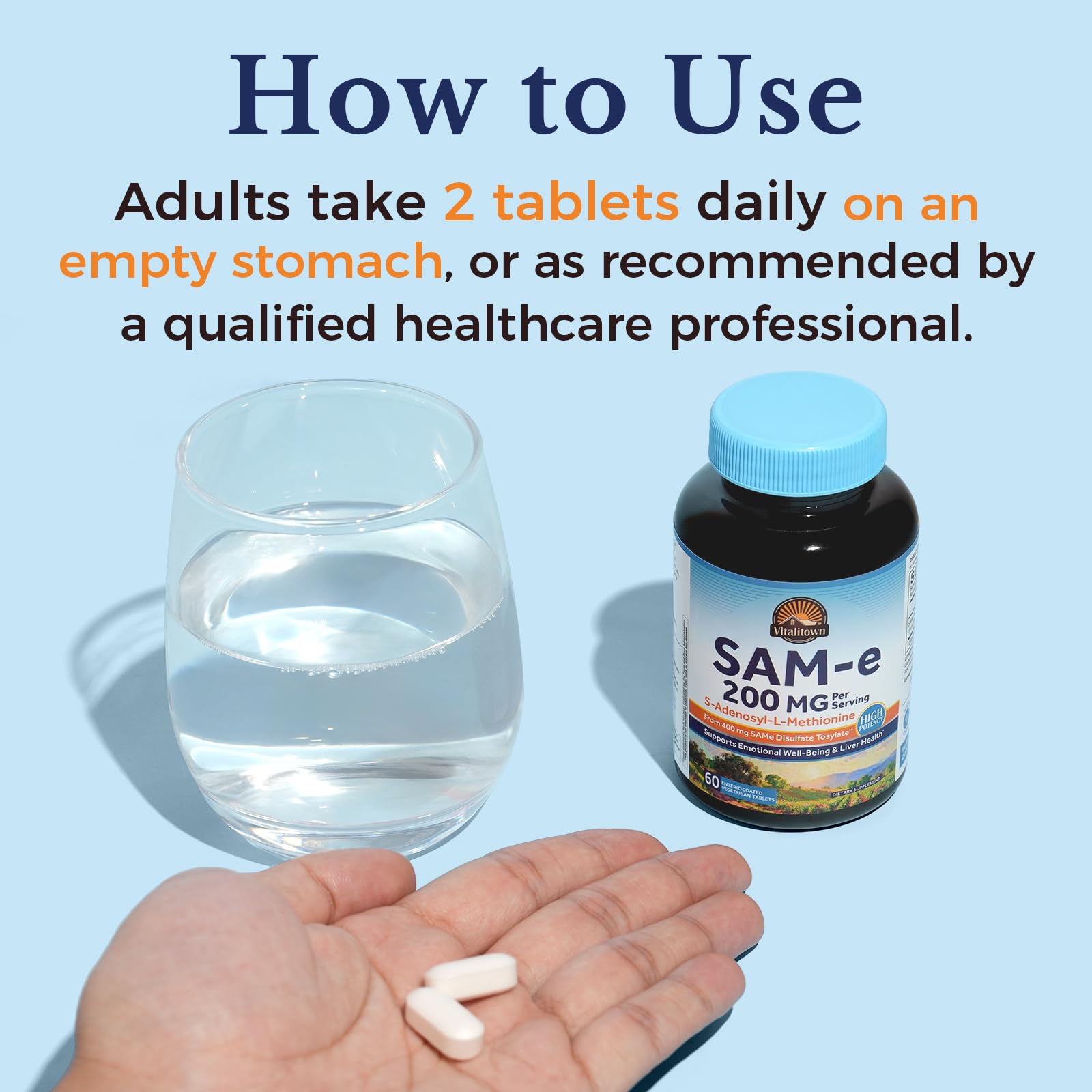 Vitalitown SAM-e (S-Adenosyl-L-Methionine) 200mg Per Serving, High Strength, Biologically Active Form, for Liver and Mood Support, 60 Enteric-Coated Vegetarian Tablets — Amazon image 5