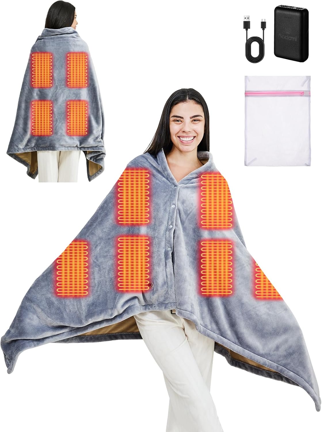 USB Heated Blanket,with 10000mAh Power Bank,Cordless Portable Wearable Electric Blanket,3 Heating Levels,8 Heating Zones.(Grey：65″ L x 34″ W)