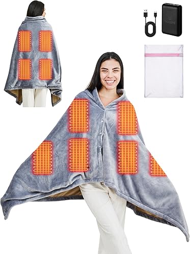 Manta térmica USB, con banco de energía de 10000 mAh, acogedora manta térmica eléctrica portátil inalámbrica, 3 niveles de calefacción, 8 zonas de