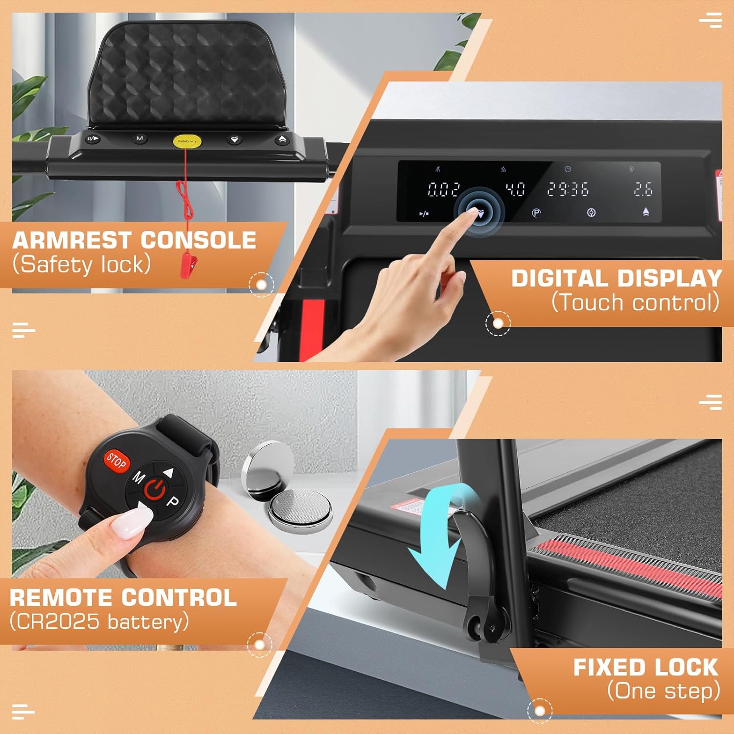 Close-up images of the armrest console with safety lock, digital touch screen display, remote control with CR2025 battery, and fixed lock mechanism