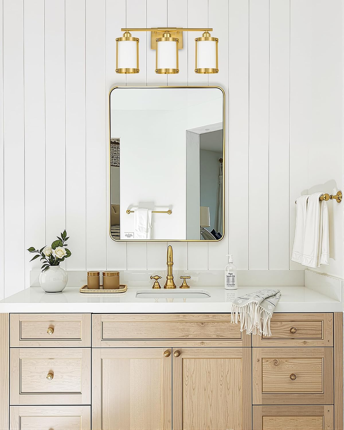 3-Light Brushed Gold Bathroom Light Fixtures with Milk Frosted Glass, 21" Modern Bathroom Vanity Lighting Fixtures Over Mirror with Metal Cage, Wall Sconce Lights for Bath, E26, OS-3014BGW-3W