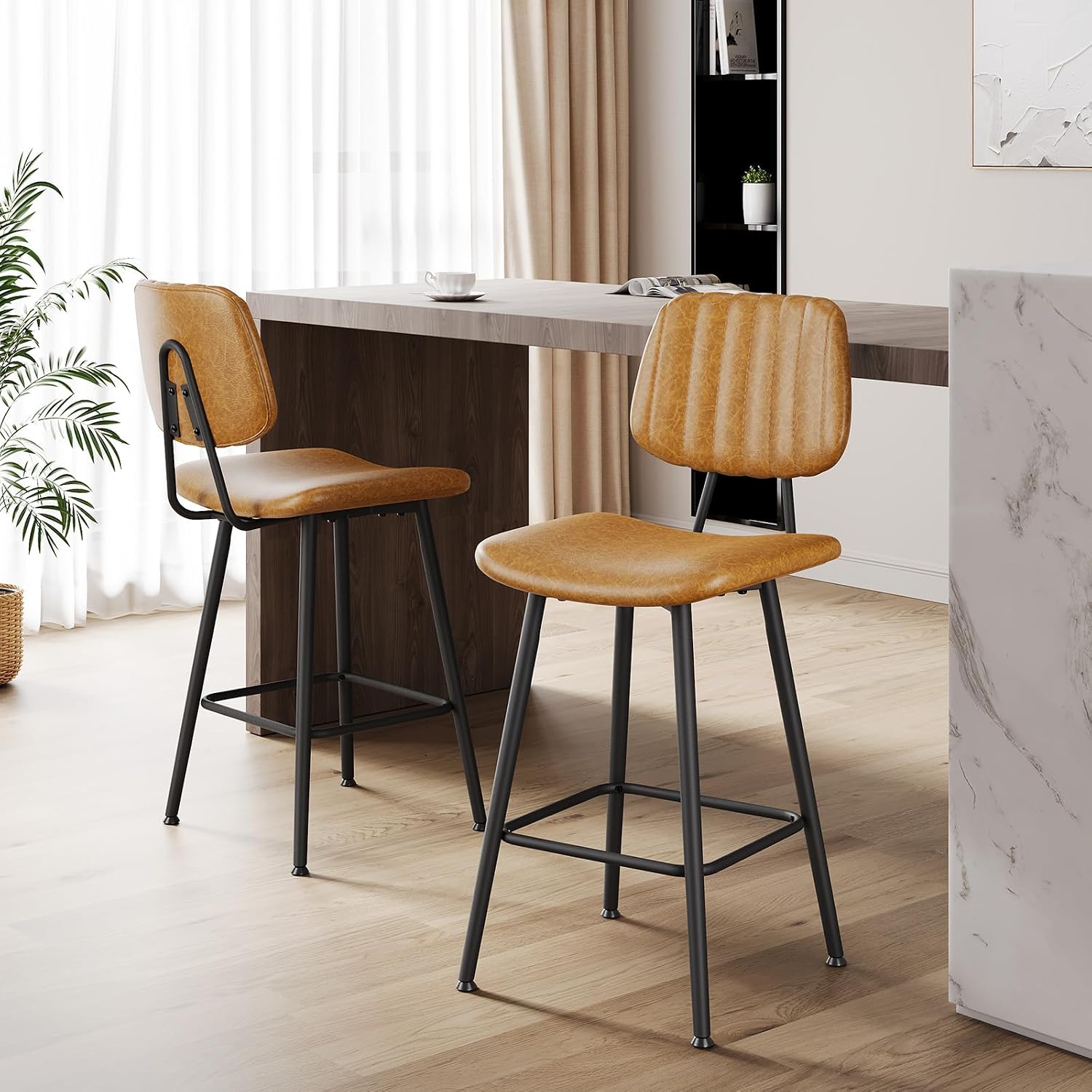 Raynesys 24-Inch Leather Bar Stools Set of 2, Counter Height Barstools with High Backrest，Bar Chairs for Kitchen Island with Heavy Duty Metal Legs, Brown