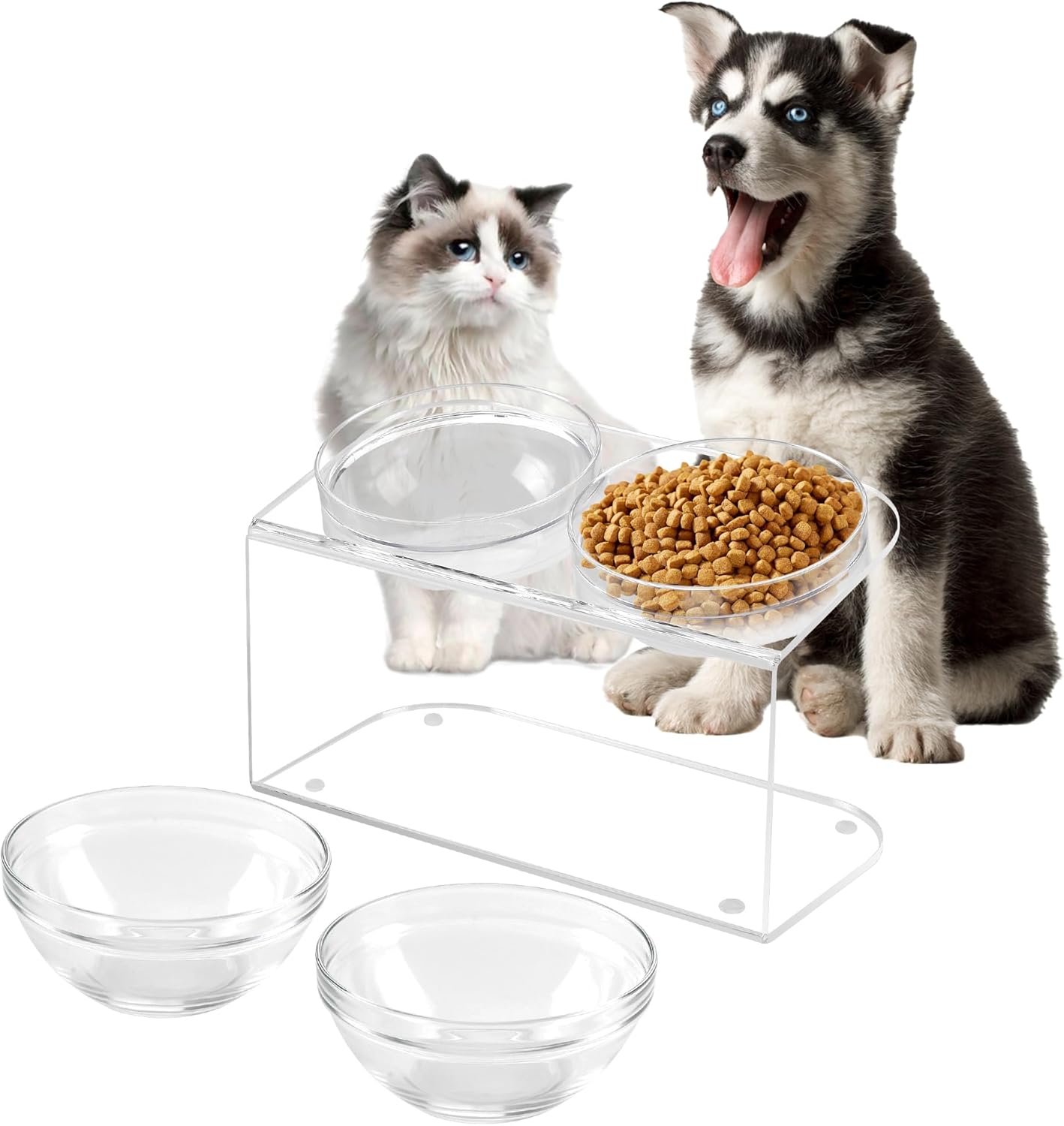 Acrylic Pet Feeder Stand Elevated 15° Tilted Set for Food Water with 2 Set Glass & Plastic Bowls, Raised Dishes Rack Suitable for Puppies, Kittens and Small Dogs, Clear