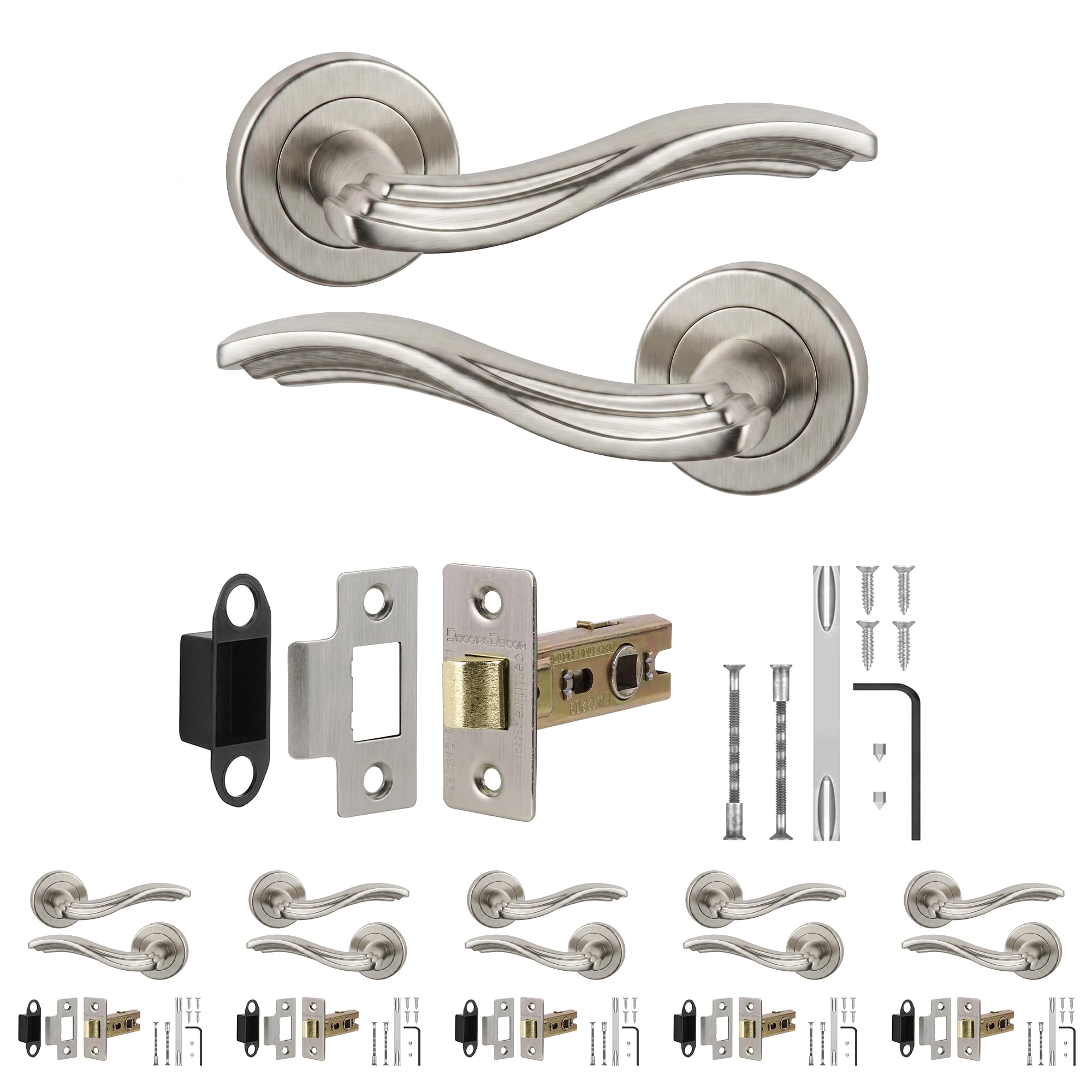 Decoranddecor Solace Satin Nickel Door Handles, Latch Kit 76mm 6 Pack