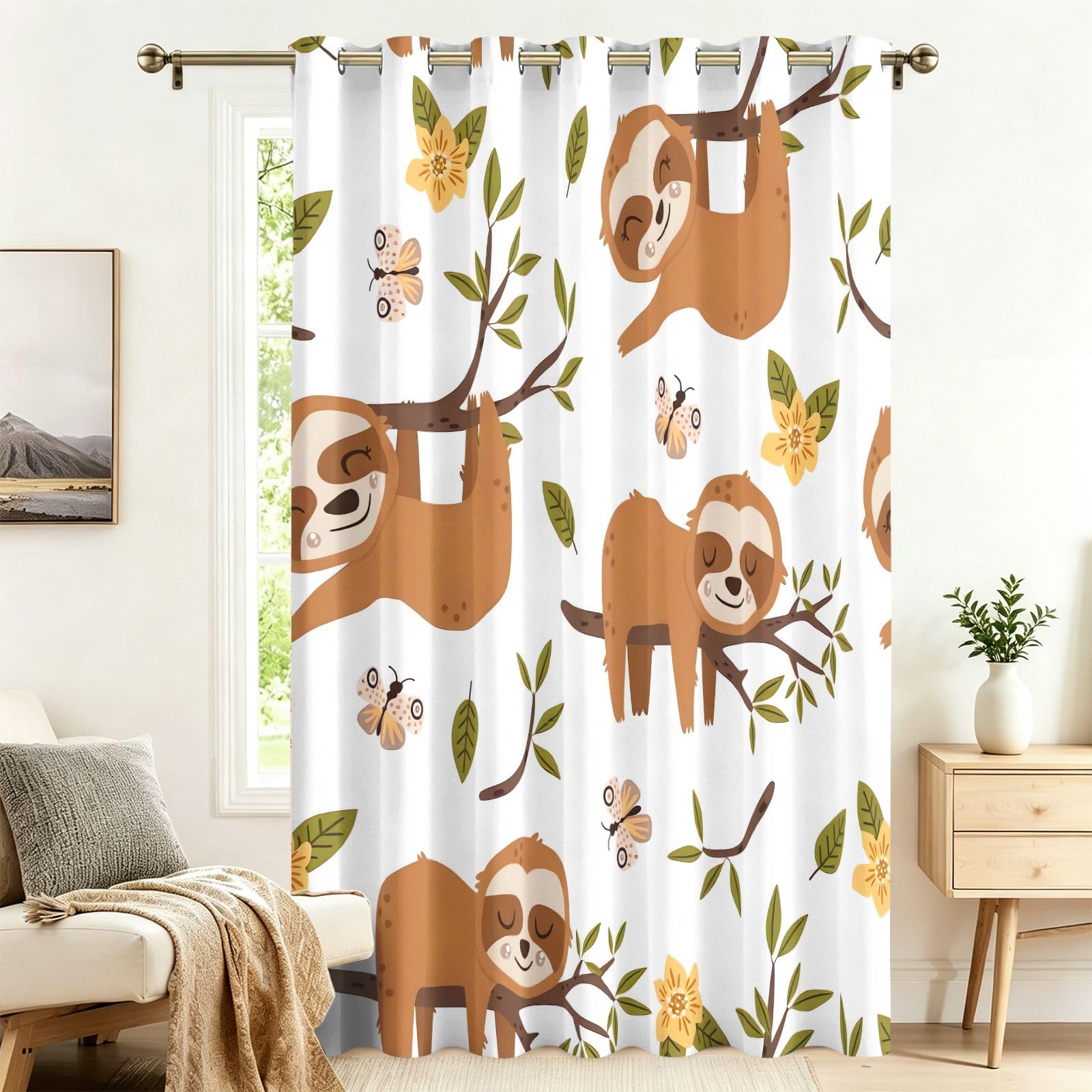 Fadaing Girls 8 Cartoon Sloth Curtains With Eyelets, 1 Piece, Room Divider Curtains, Blackout, 137 X 132 Cm, Darkening Thermal Curtains, Heat Insulating, Winter, Summer, Thermal Protection, Indoor Sun
