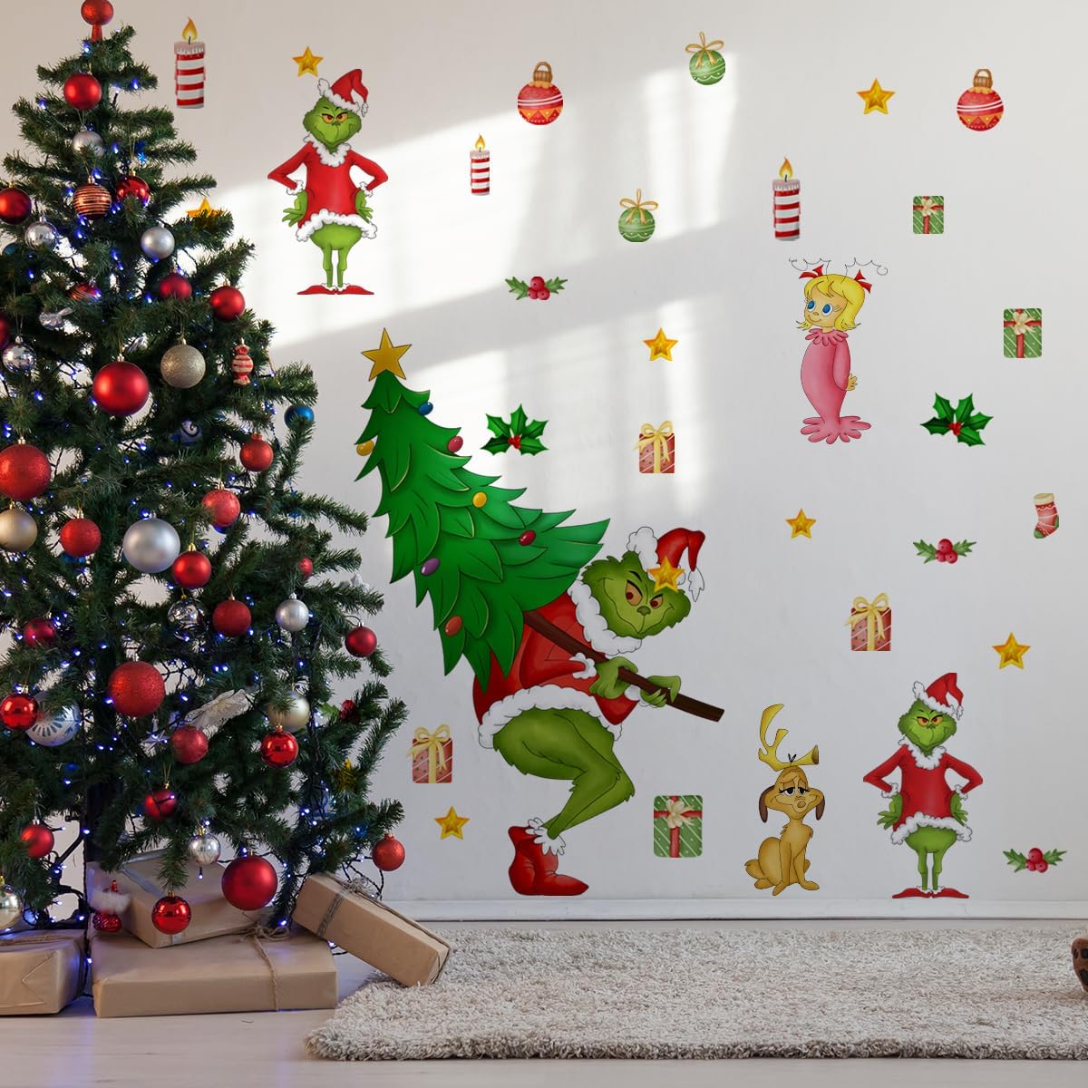 33.85 x 33.18 Inch Christmas Wall Decals Christmas Tree Wall Stickers Removable Christmas Window Decal Sticker Decor for Holiday Living Room Bedroom Decorations