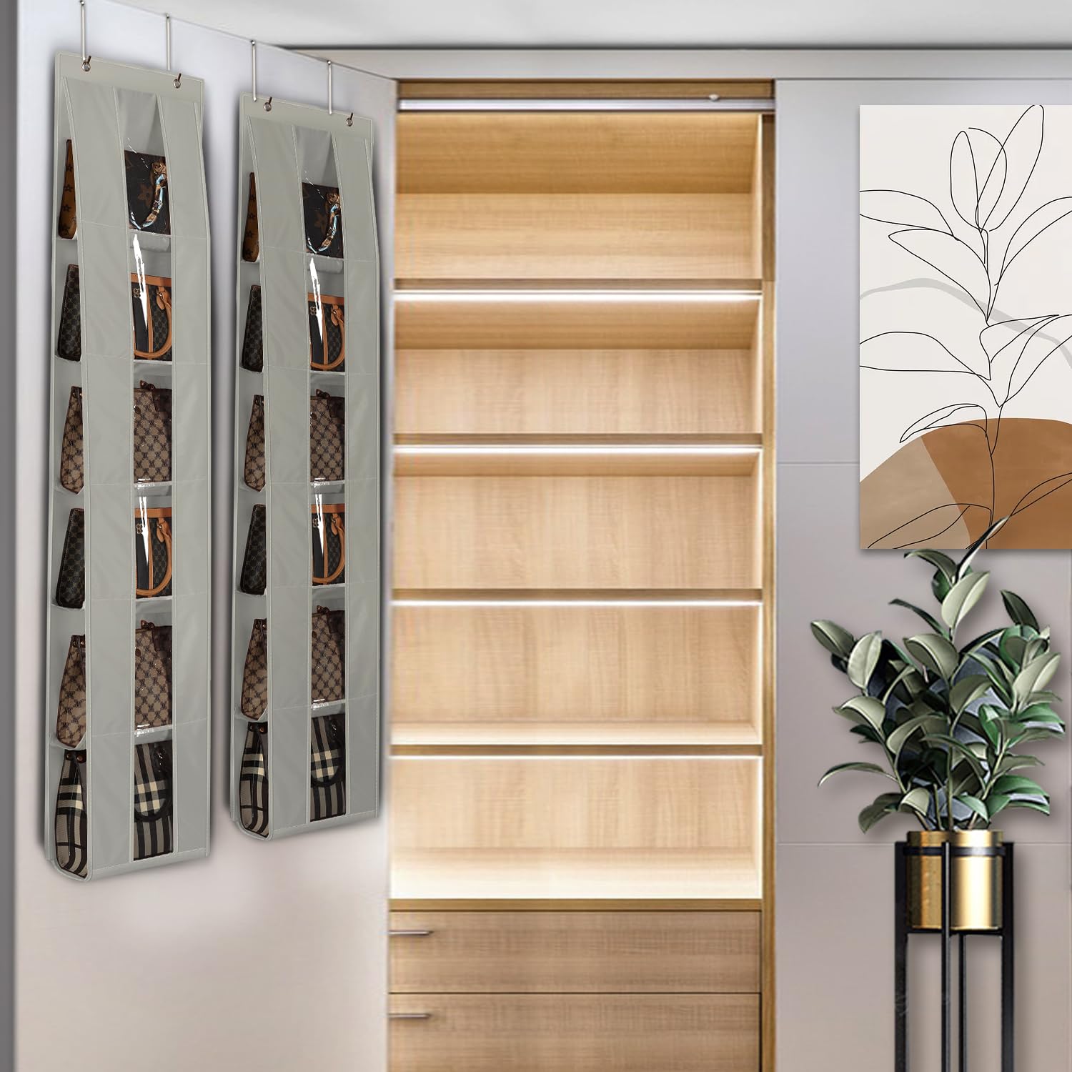 Lirex Organizer per Borse da Porta, Confezione da 2 con 6 Ripiani, Salvaspazio per Porta o Armadio, Per Stoccaggio e Organizzazione Borse, Appendiaborsa, Grigio