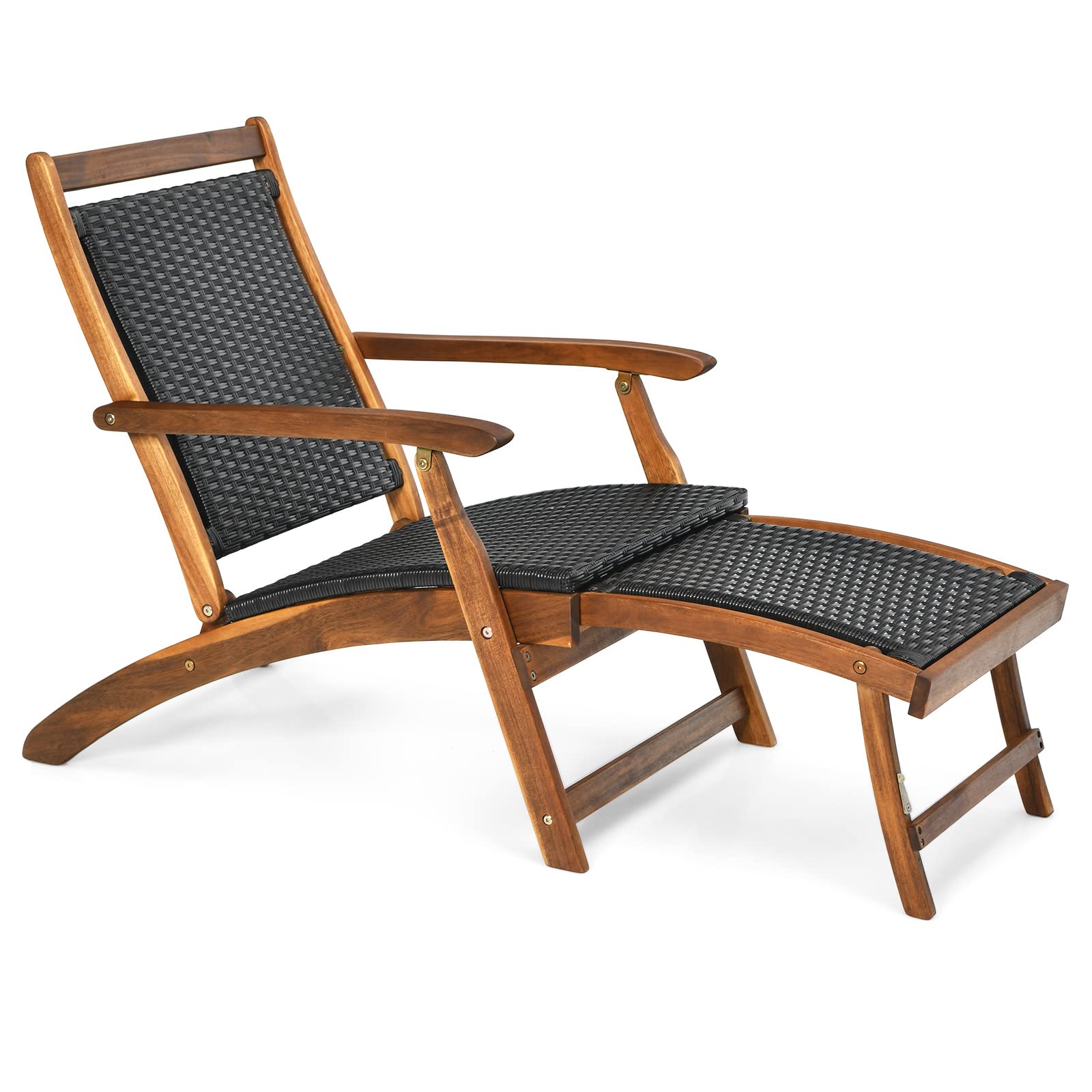 LIFEZEAL Tumbona Plegable de Ratán PE Convertible con Reposapiés Retráctil | Sillón de Jardín con Marco de Madera de Acacia, Respaldo y Reposabrazos para Terraza, Patio y Piscina