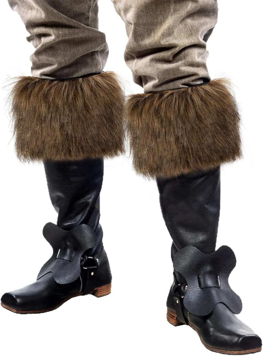 Medieval Viking Faux Fur Boot Cuffs,Brown Furry Boot Toppers Leg Warmers for Women Men Halloween Viking Leg Wraps Costume Cosplay
