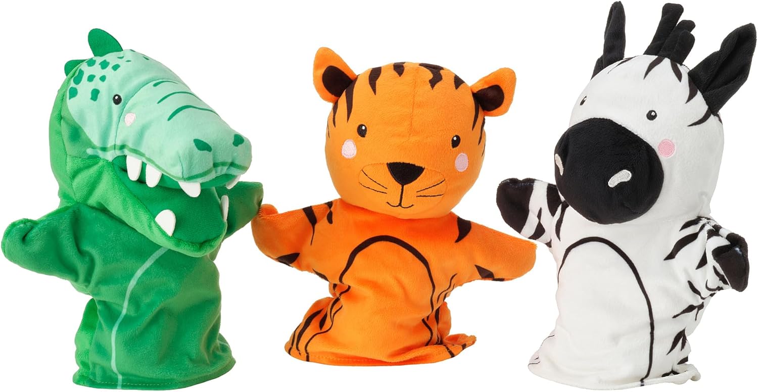 NATTHÄGER 3-piece hand puppet set, crocodile zebra/tiger multicolour