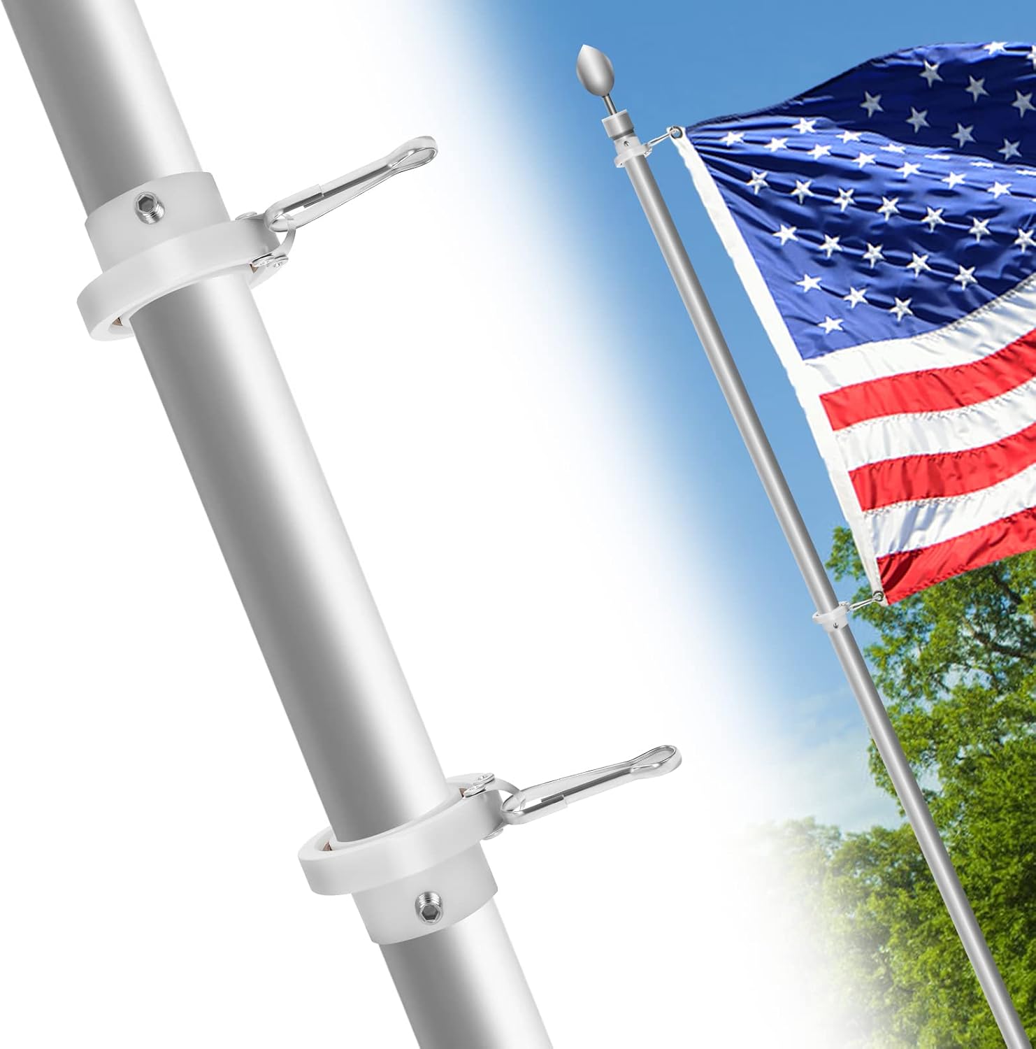 MOFEEZ Flag Pole Rings with Bearings, Fit Flagpole with 0.75-1inch Diameter, 360 Degree Anti-Wrap Rotating Flag Mounting Rings with Carabiner Tangle Free(Pack of 2-White)