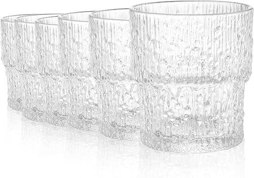 Miniatura 7 de Paquete de 6 vasos de agua románticos, vasos de vidrio vintage de 7 onzas, vaso de cristal acanalado con patrón de gota de lluvia, juego creativo de