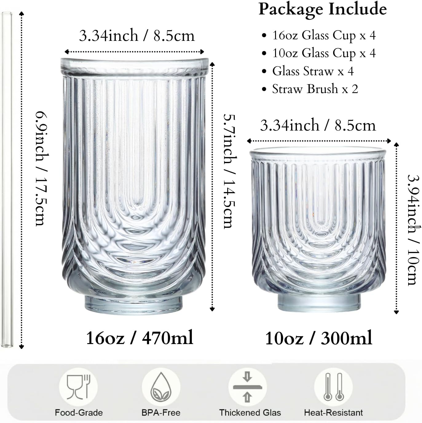 Ribbed Glass Cups with Straws, Clear Glass Drinking Cups, Drinking Glasses Set of 8, 16oz Highball & 10oz Water Glasses, Vintage Kitchen Glassware Set for Juice, Coffee, Cocktail, Whiskey