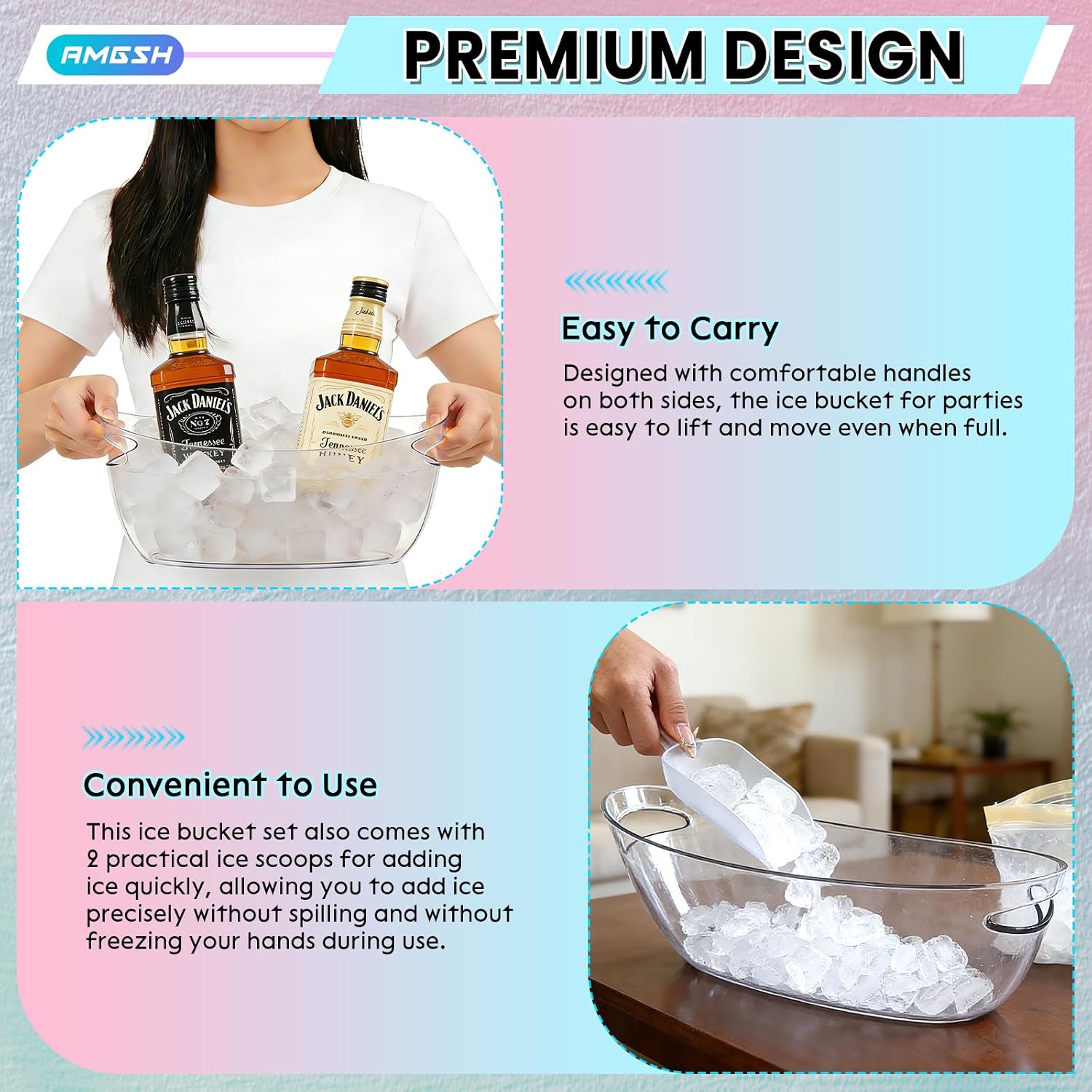 2 Pcs Ice Bucket, 5L Beverage Tub with Scoops, Clear Ice Buckets for Parties, Portable Drink Cooler for Cocktail Bar, Champagne Bucket for Beverage/Wine/Beer, Mimosa Bar Supplies Chiller Tub