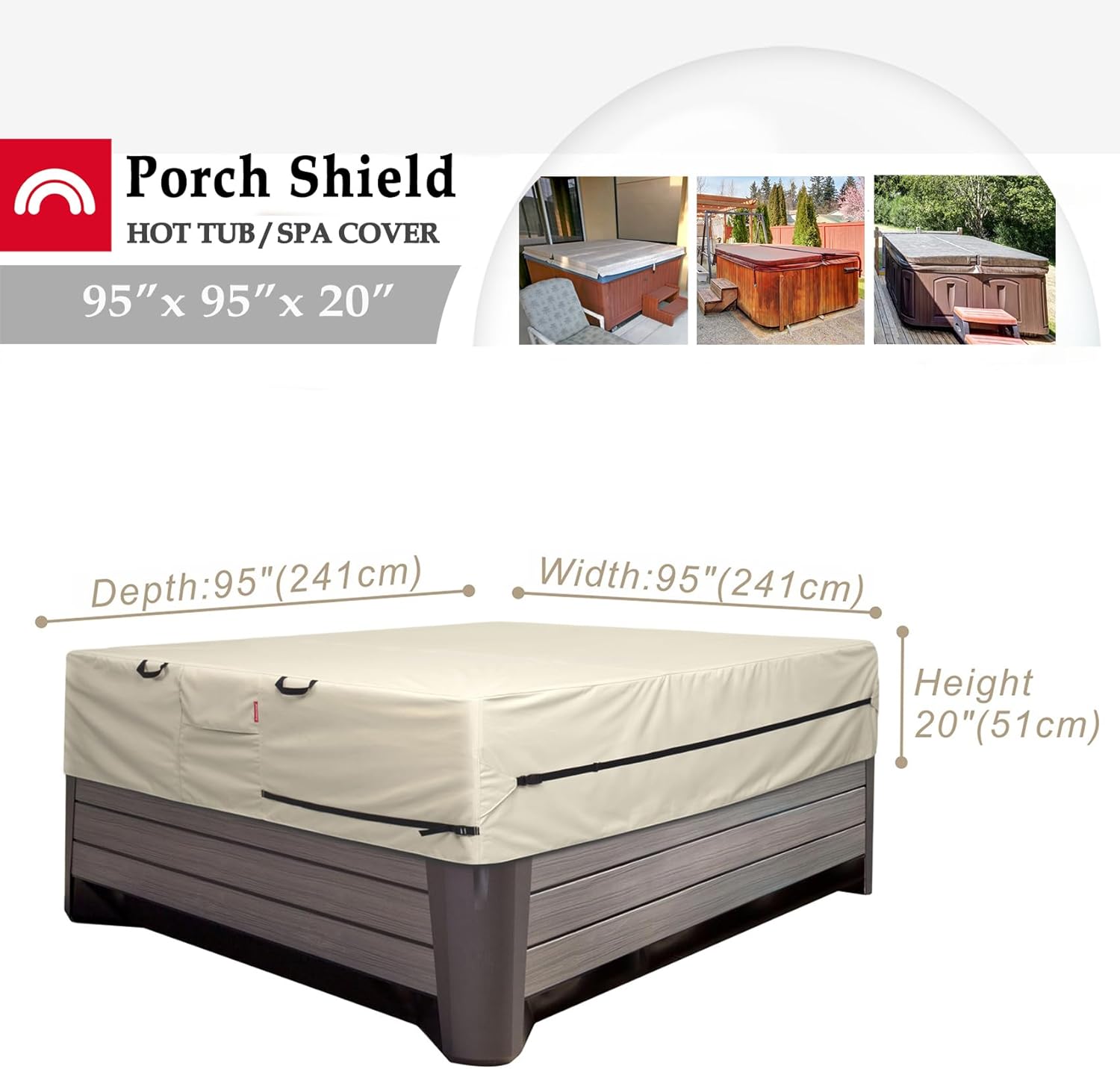 Porch Shield 600D Waterproof and Fade Resistant Outdoor Hot Tub Cover 95 x 95 inch fit 94 x 94 or 93 x 93 or 92 x 92 Square SPA Cover Protector