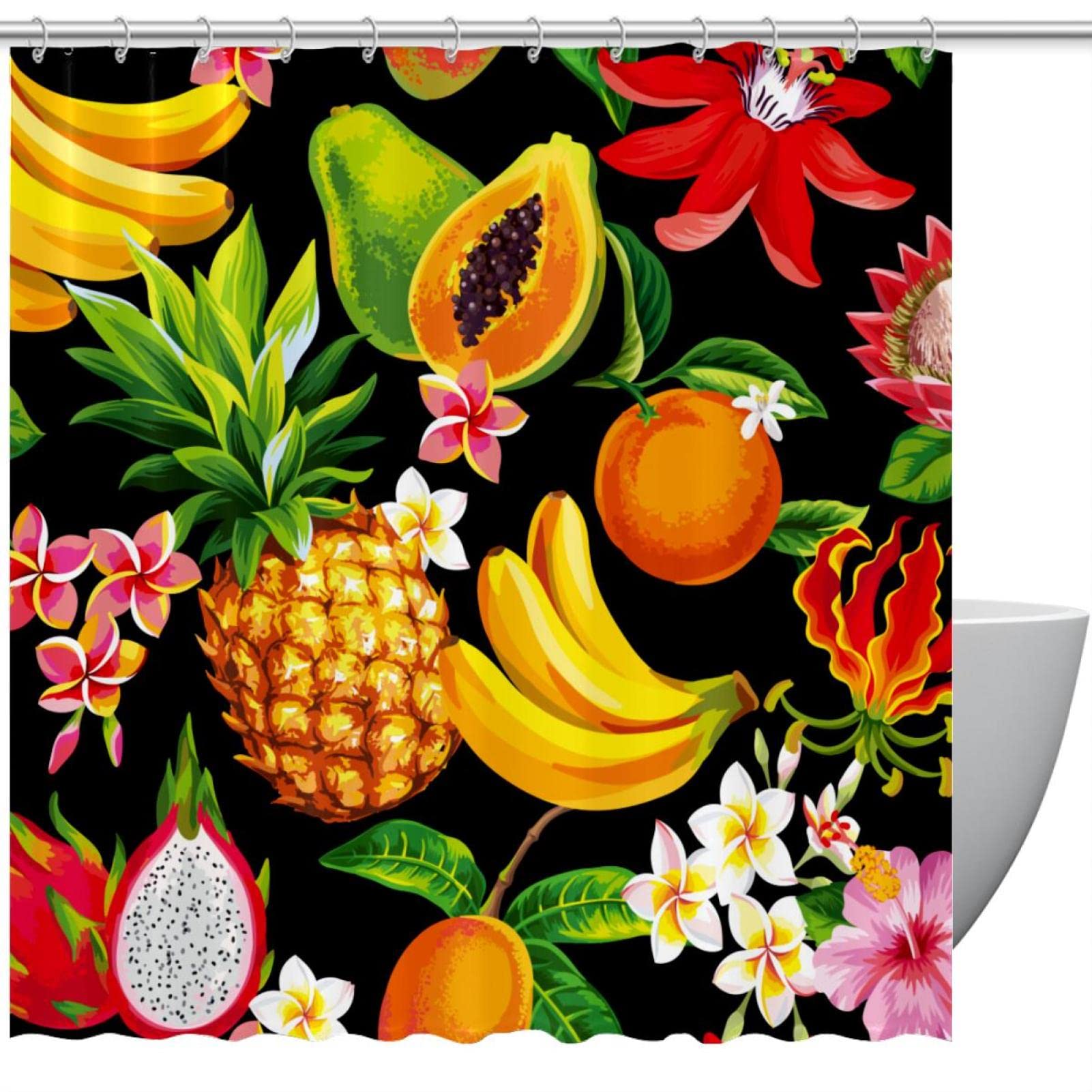 Rideau de douche fruit du dragon papaye décoration exotique noire 183cm