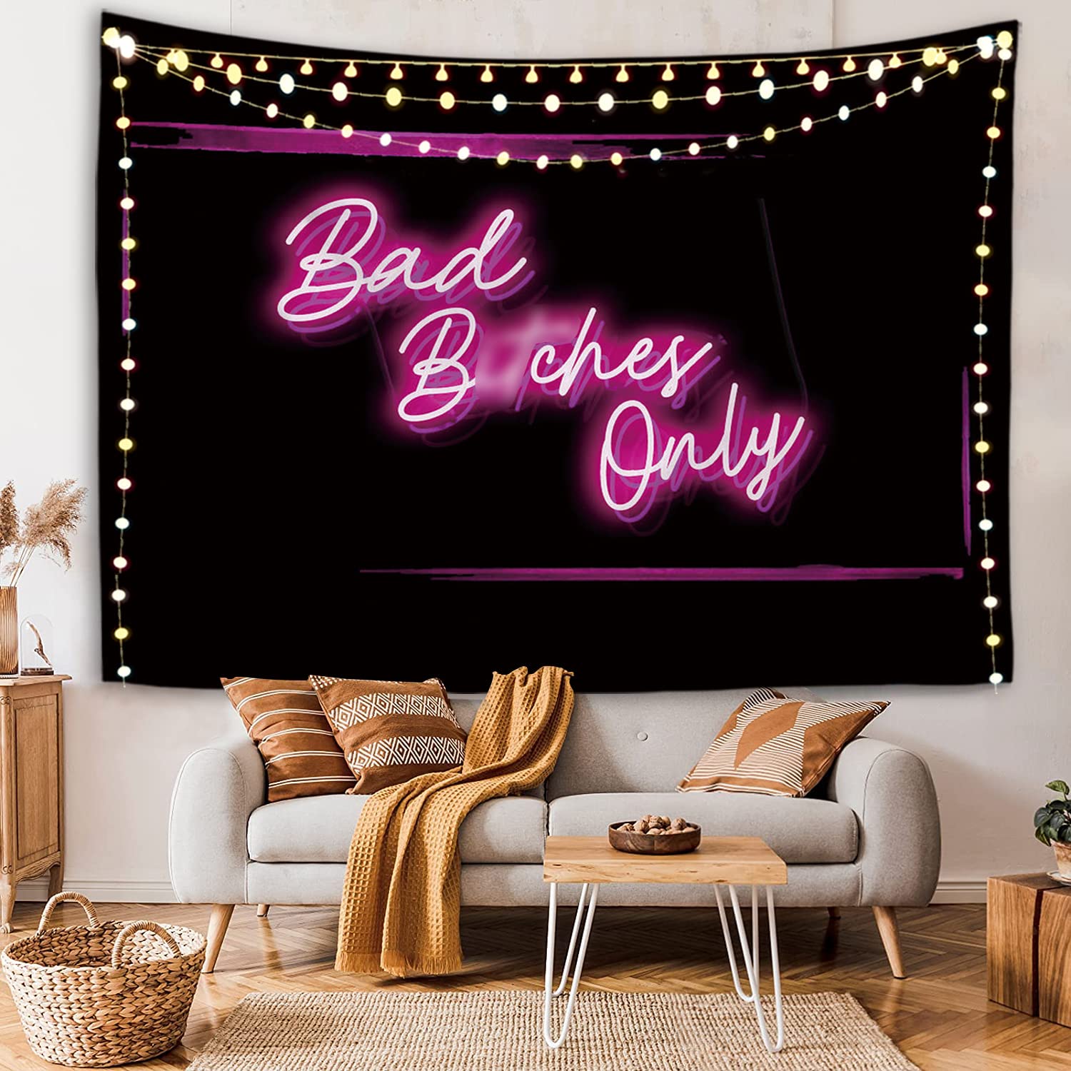 HuxtleEssentials Decorative Wall Tapestry,Bad B**ches Only Words in Neon Light for Bedroom Living Room Outdoor,51Hx60L inch