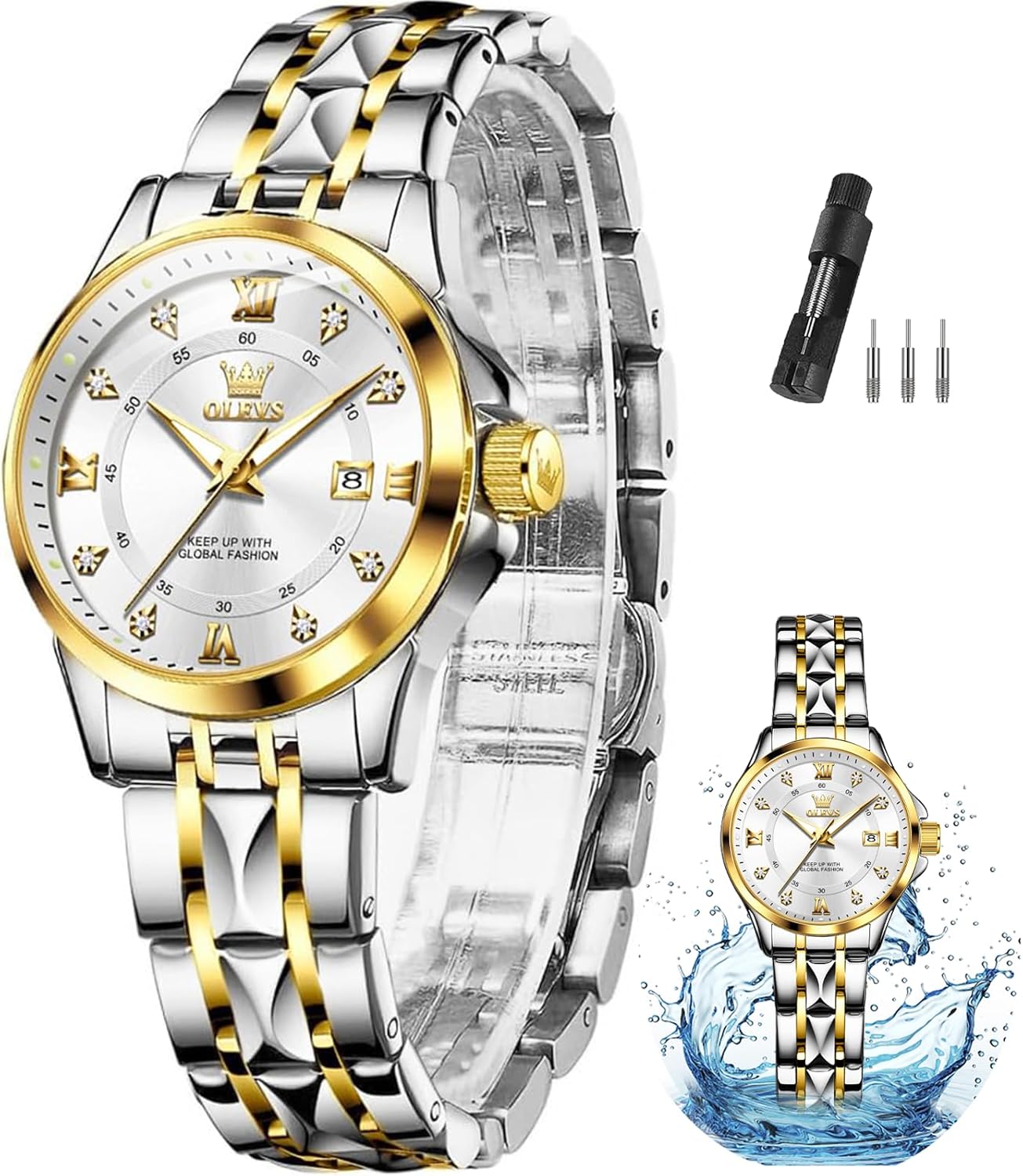 OLEVS Watch Women Two Tone Watches for Women with Date Dress Womens Watches for Small Wrists Luxury Easy Read Womens Watch Waterproof Blue/Black/Gold/Silver Dial Reloj para Mujer