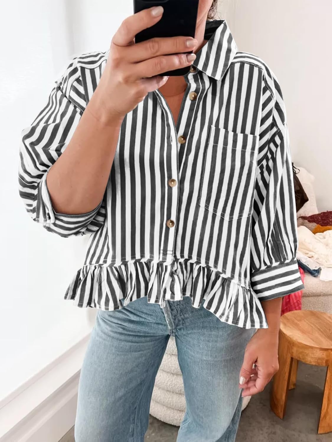 Cicy Bell Womens Cropped Striped Button Down Shirts Ruffle 3/4 Length Sleeve Summer Tops Dressy Casual Blouses - Image 3