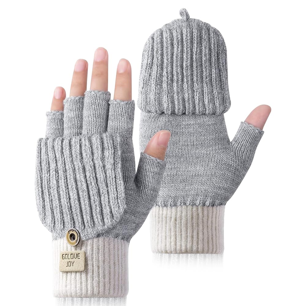 Aoreun Fingerlose Handschuhe, Winterhandschuhe Touchscreen Handschuhe, Convertible Halbfinger Fäustlinge, Warme Strick Fingerhandschuhe für Skifahren Radfahren und SMS, Geeinget für Damen und Herren