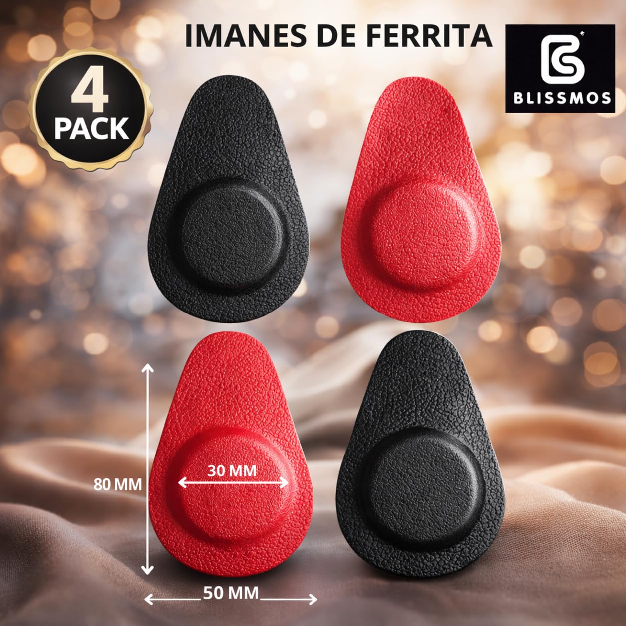 Imanes BlissMos® para Biomagnetismo –Pack de 4 Unidades – Elaborados Artesanalmente – Imanes de Ferrita – Forrados en Polipiel Resistente – Ideal para Par Biomagnético y Magnetoterapia – 1000 Gauss