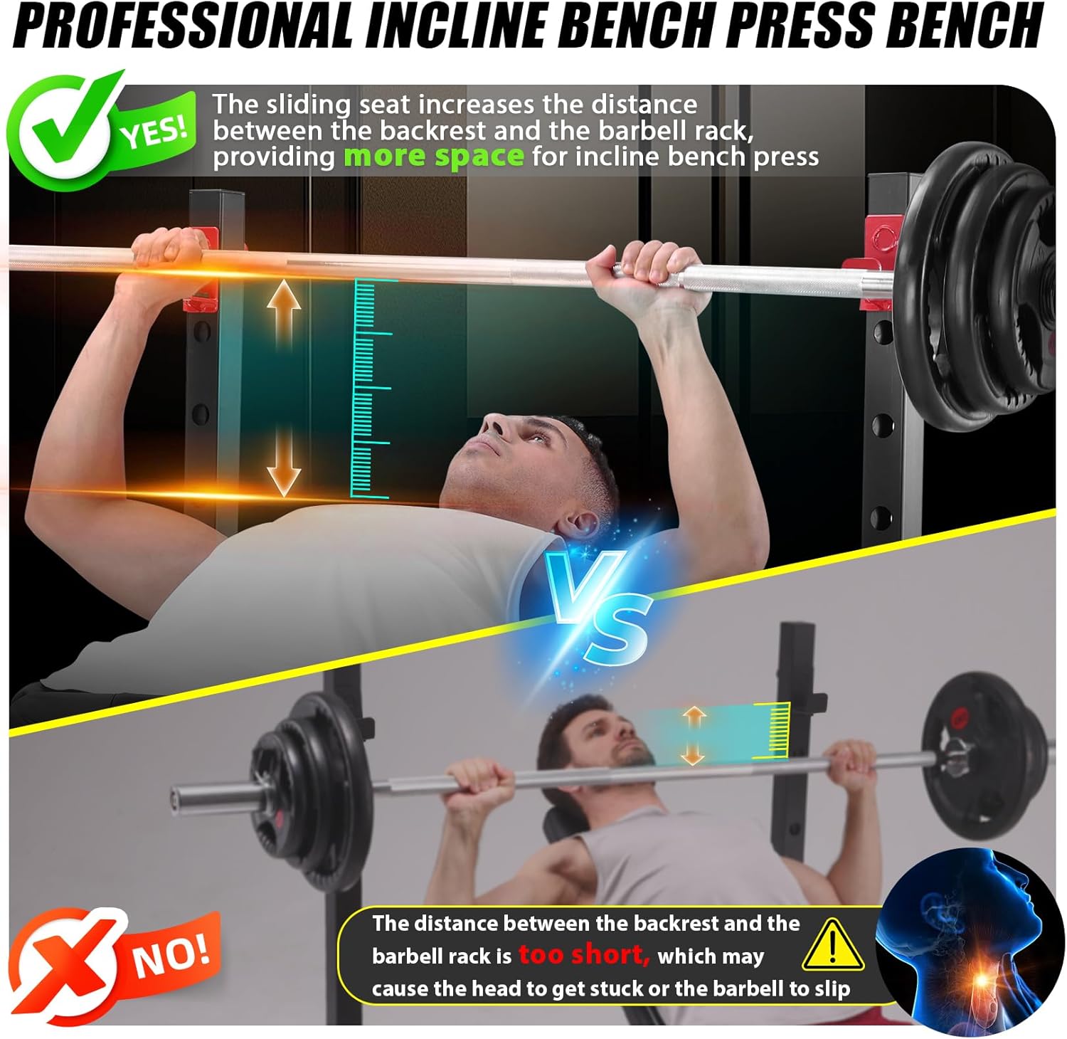 User performing incline bench press, highlighting safe distance from barbell rack