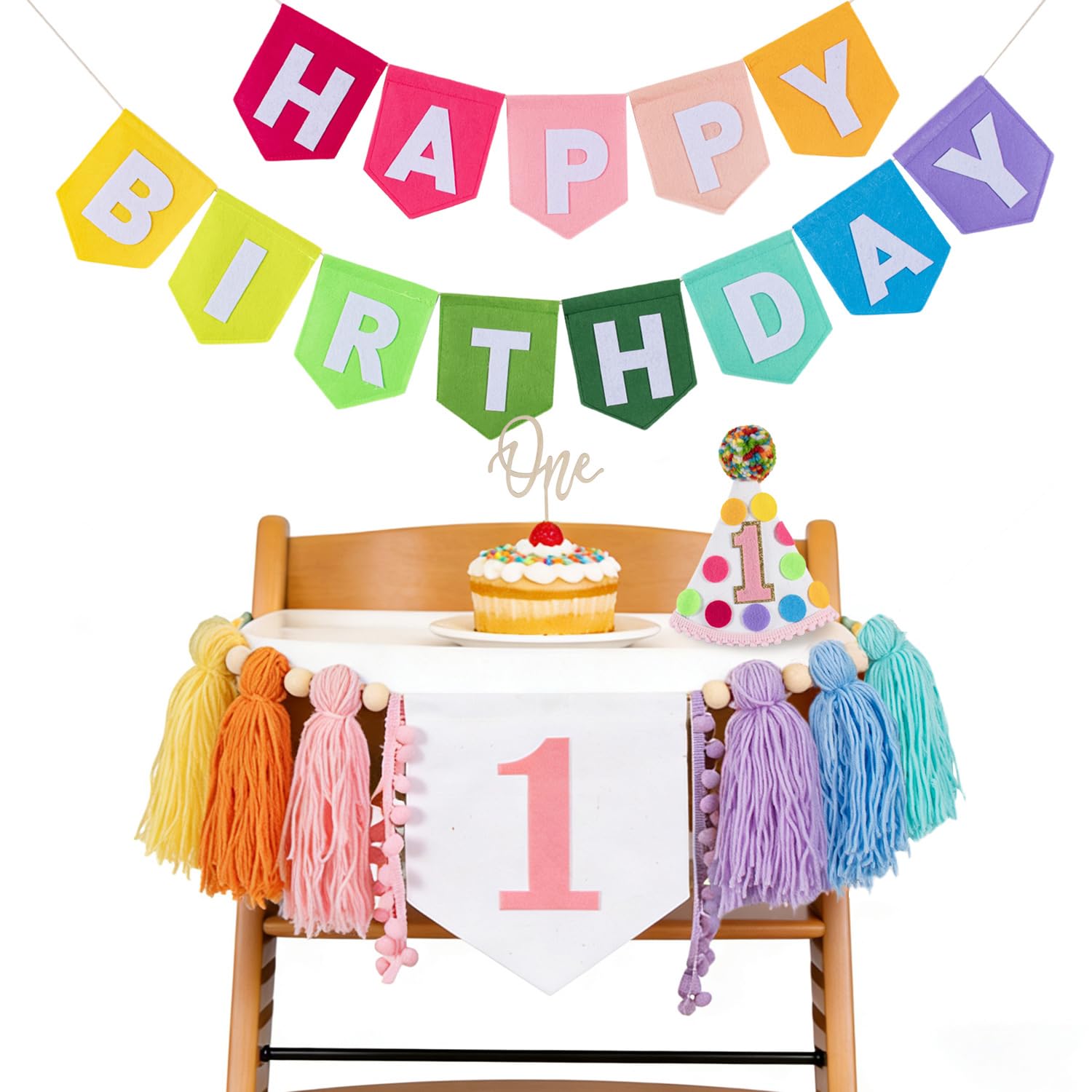 Rainbow 1st Birthday Decorations For Girls-Pastel Macaron Rainbow High Chair Banner Felt Happy Birthday Banner，Pre-Strung Birthday Party Decorations For 1st Girl Birthday Backdrop