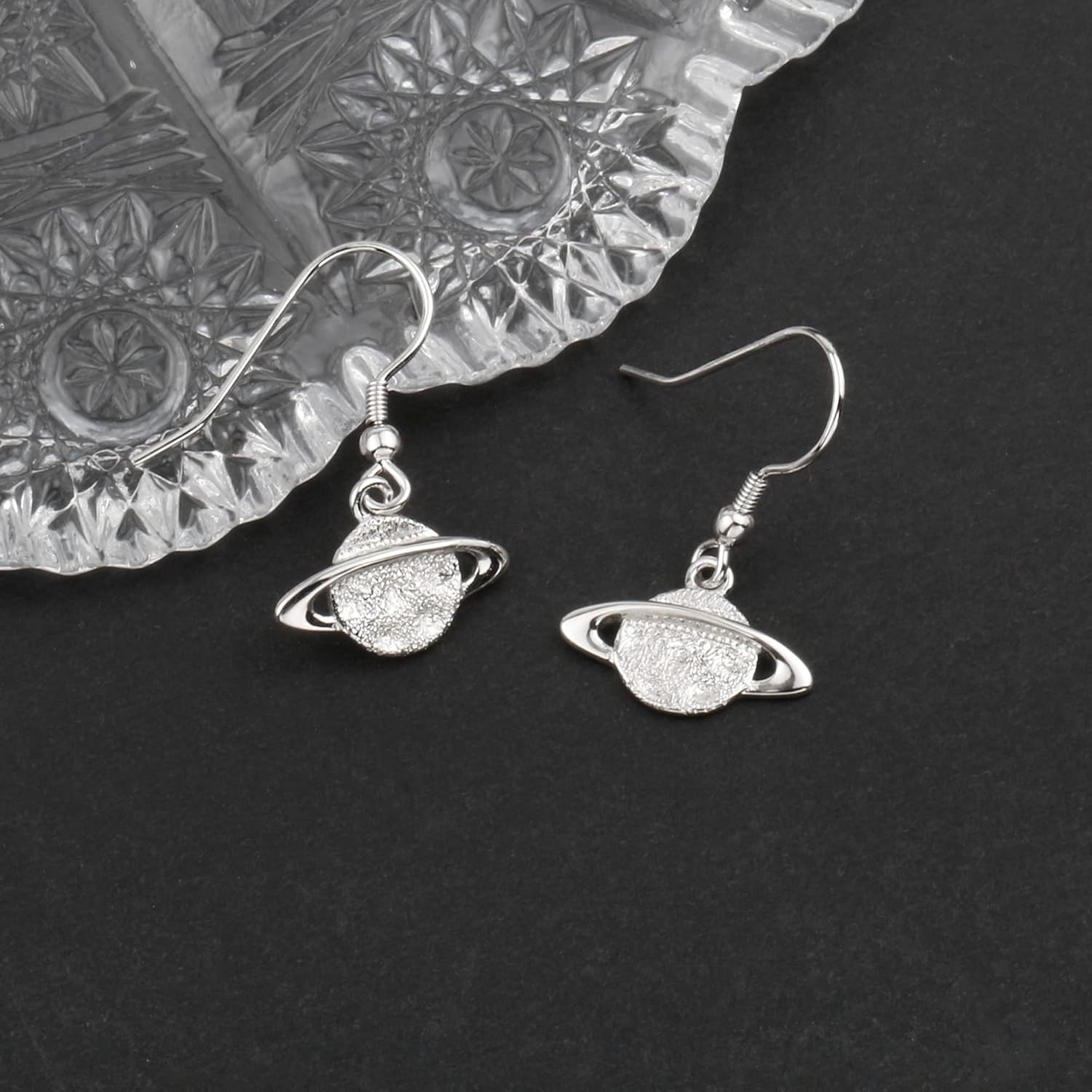 White Gold Plated 925 Sterling Silver Hammered Planet Saturn Earrings Dangling