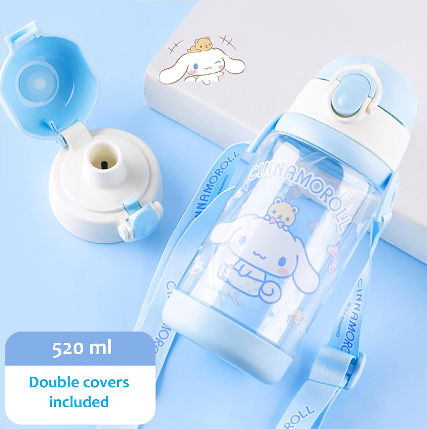 Cinnamoroll Water Bottle Double Covers with Straw and Strap 520ml - Blue