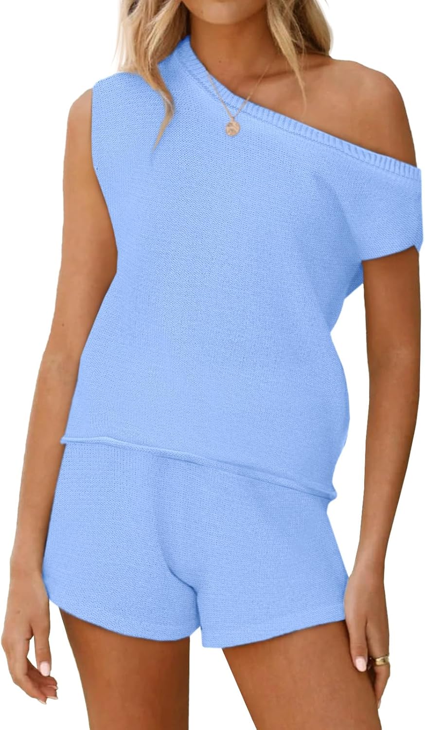 Tankaneo Womens Off The Shoulder 2 Piece Outfits Sweater Sets Shorts Casual Matching Lounge Sets 2025