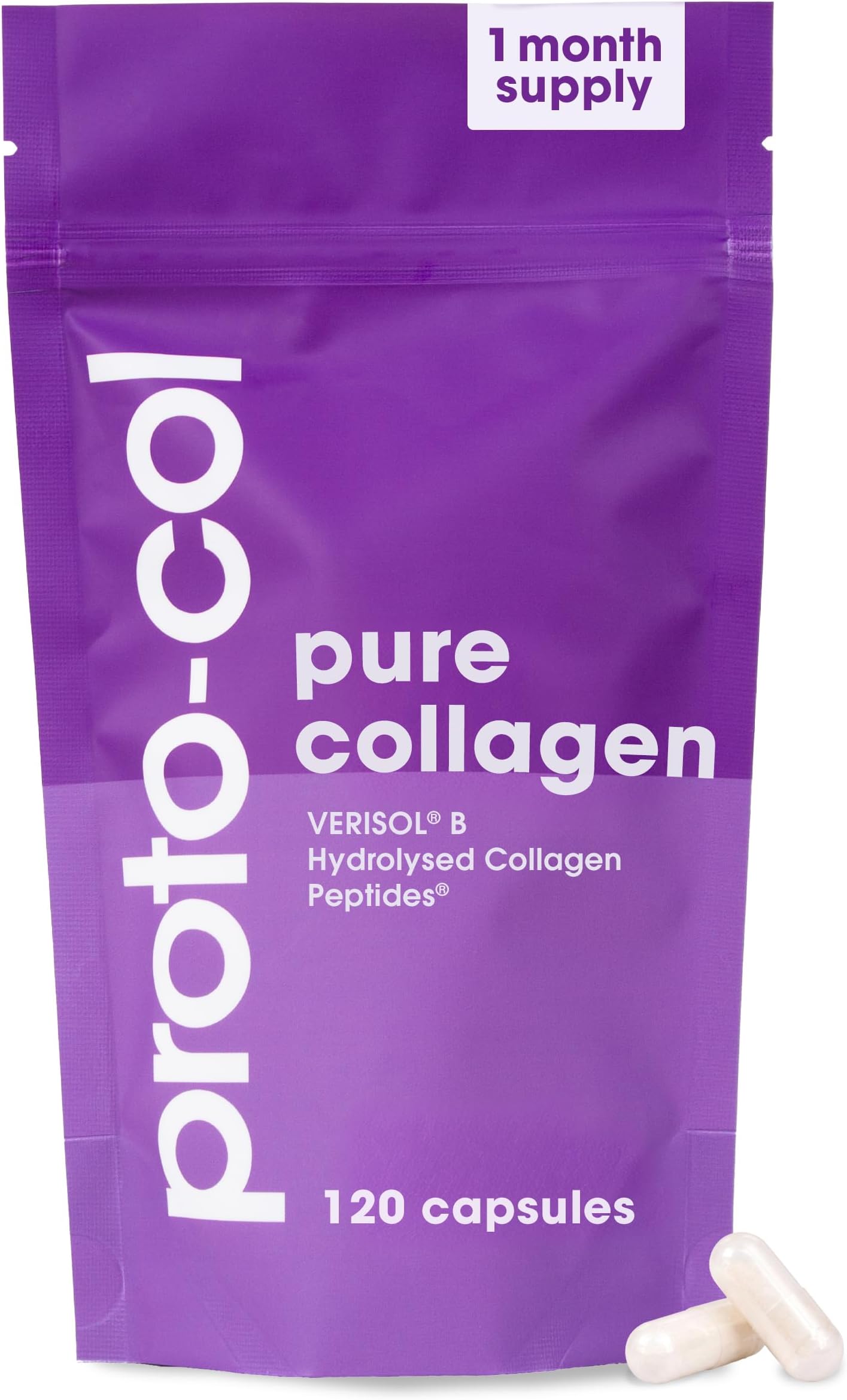 Proto-col Pure Collagen Capsules 2,500mg, Type I & Type III Hydrolysed Collagen Supplement, VERISOL Collagen Peptides for Healthy Skin Hair and Nails, 120 Capsules, Daily Beauty Supplement