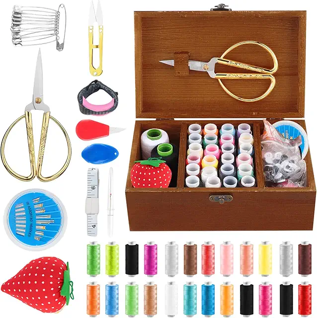 Boîte à couture vintage en bois avec accessoires complets pour loisirs créatifs