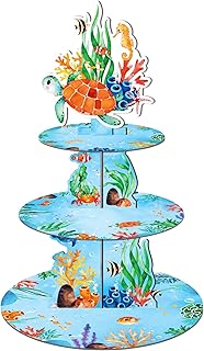 3 Tier Underwater World Cupcake Stand Party Decoration, Sea Turtle Aquatic Grass Cupcake Stand Decoration, Cupcake Display Stand Birthday Party Supplies