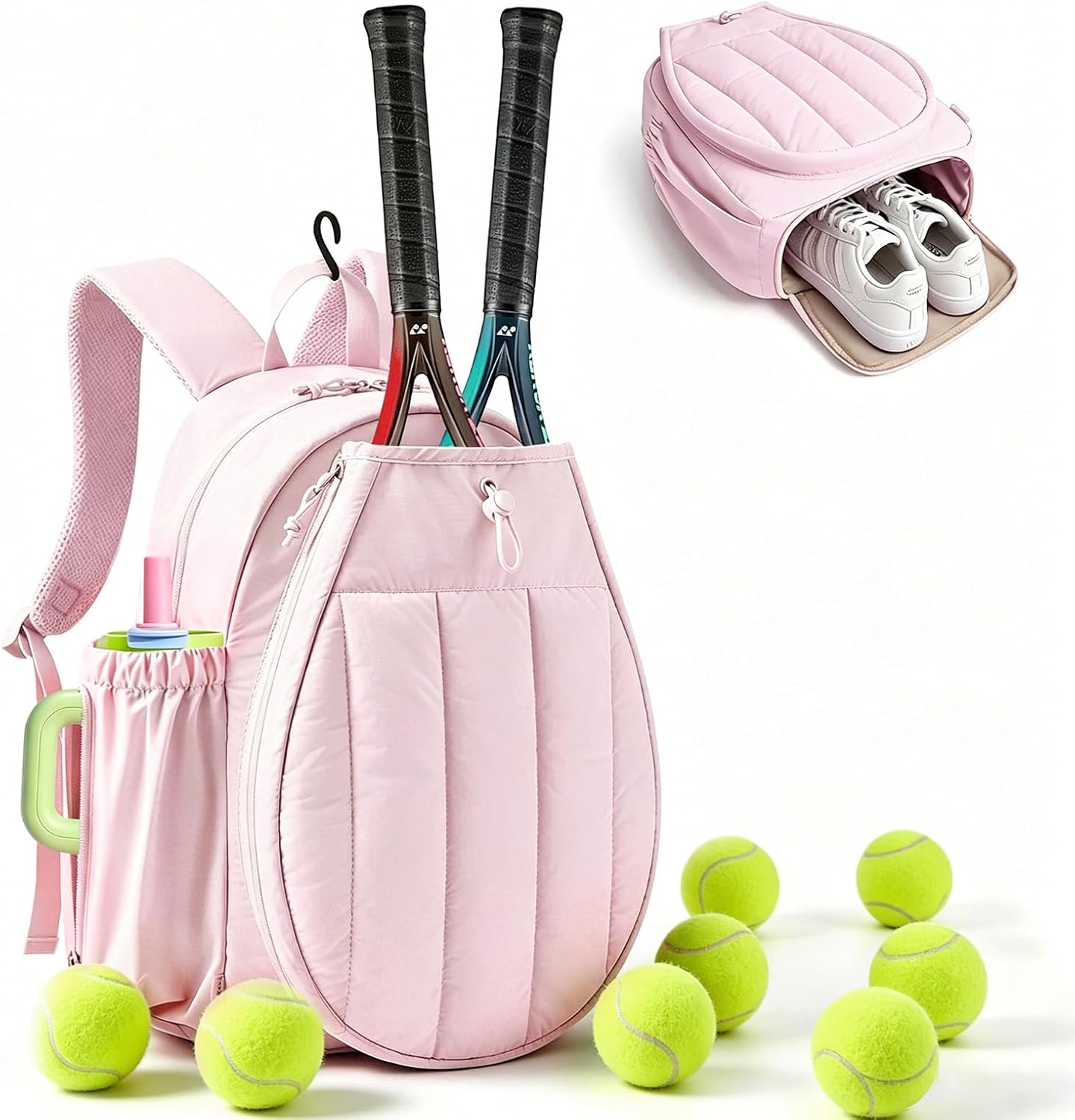 Tennis Bag for Women, Tennis Backpack Holds 2 Rackets with Shoe Compartment, Gym Backpacks with 30oz Side Water Bottle Pocket for Tennis Practice, Match & Daily Use (Pink)