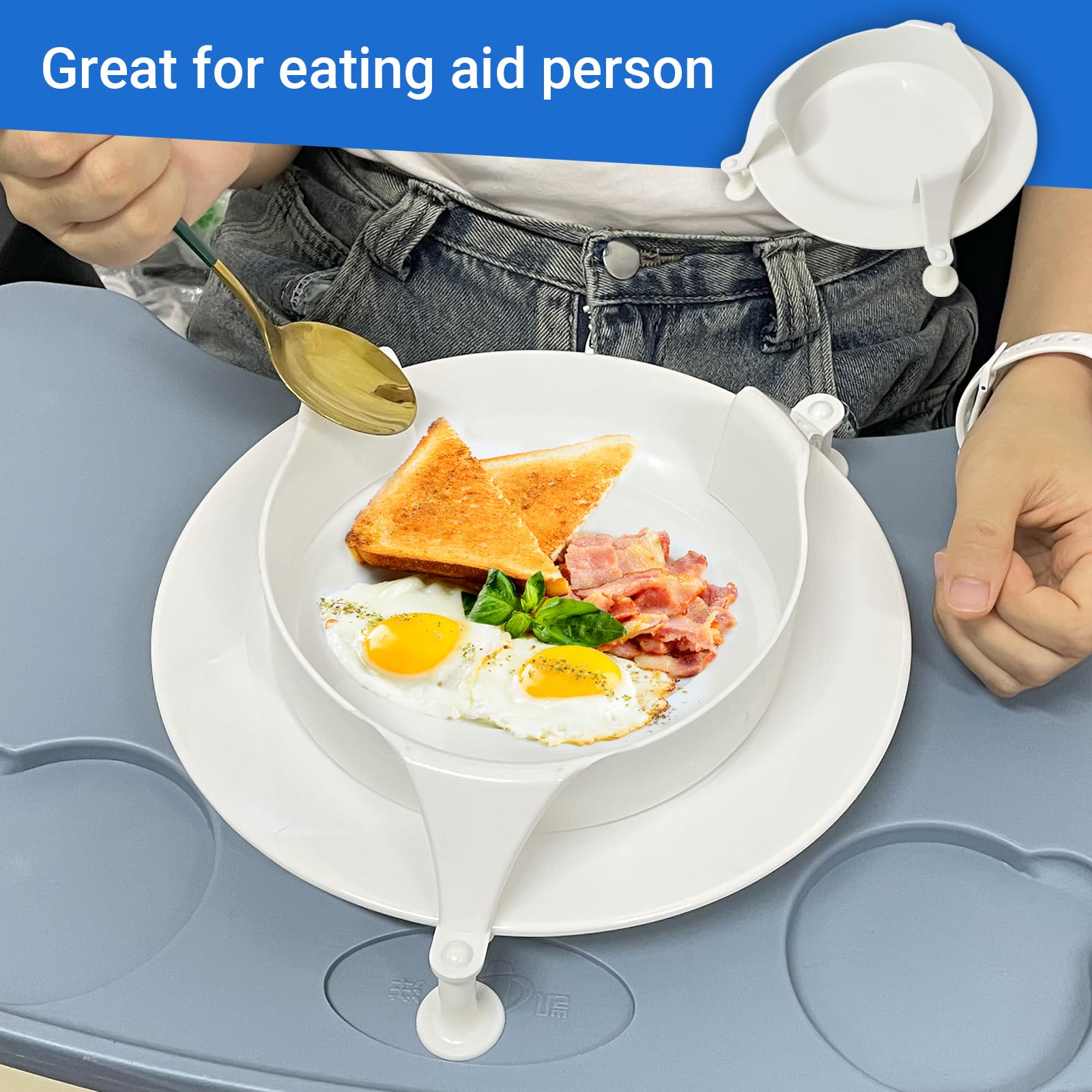 Hushee Adaptive Spill Proof Scoop Bowl And Plate Set With Suction Base Non Skid Self Feed Dinnerware For Elderly Disabled Handicapped From Parkinsons - View #8