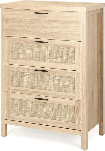 Miniatura 3 de VOWNER Cómoda de ratán con 4 cajones, cómoda de almacenamiento de madera con asas negras, organizador de pecho moderno con amplio almacenamiento,