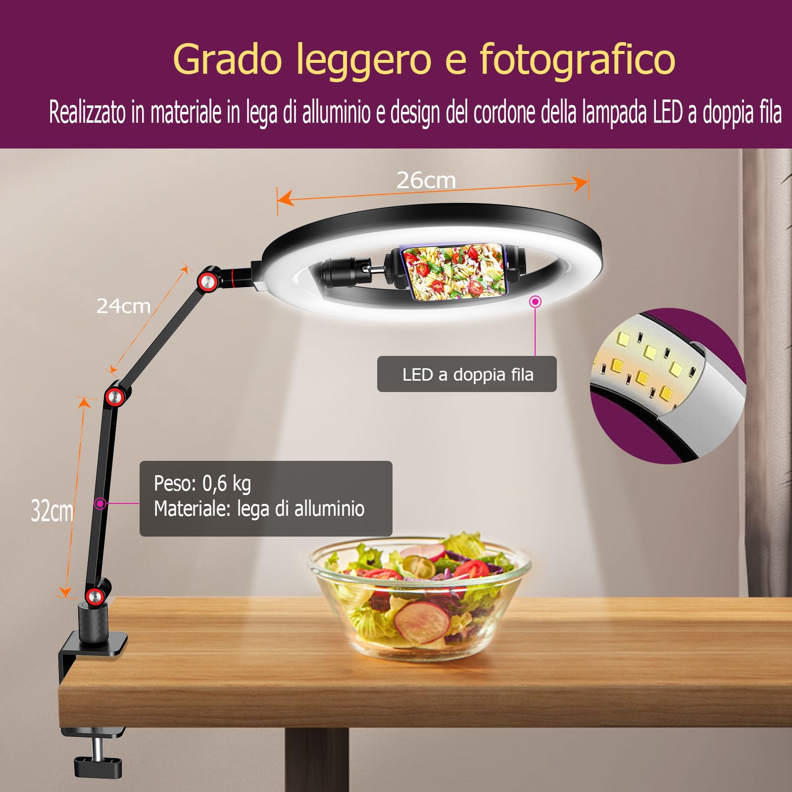 Ring Light 10'' da Tavolo per Ufficio, Lampada Videoconferenza con Supporto Regolabile per YouTube Tiktok