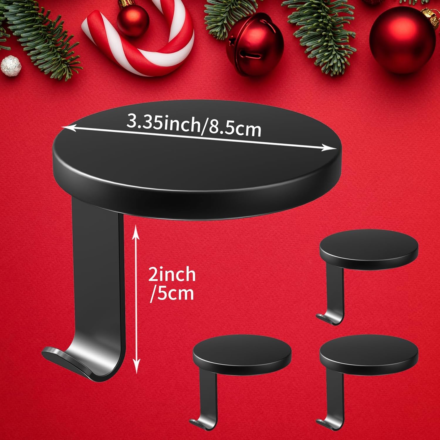 Stocking Holders for Mantle - Set 4, Round Metal - Christmas Stocking Holder, Heavy Duty Stocking Hangers with Non-Slip Protective Pad, Stocking Hangers for Mantel | TV Stand | Staircase | Dresser 4 PCS Black