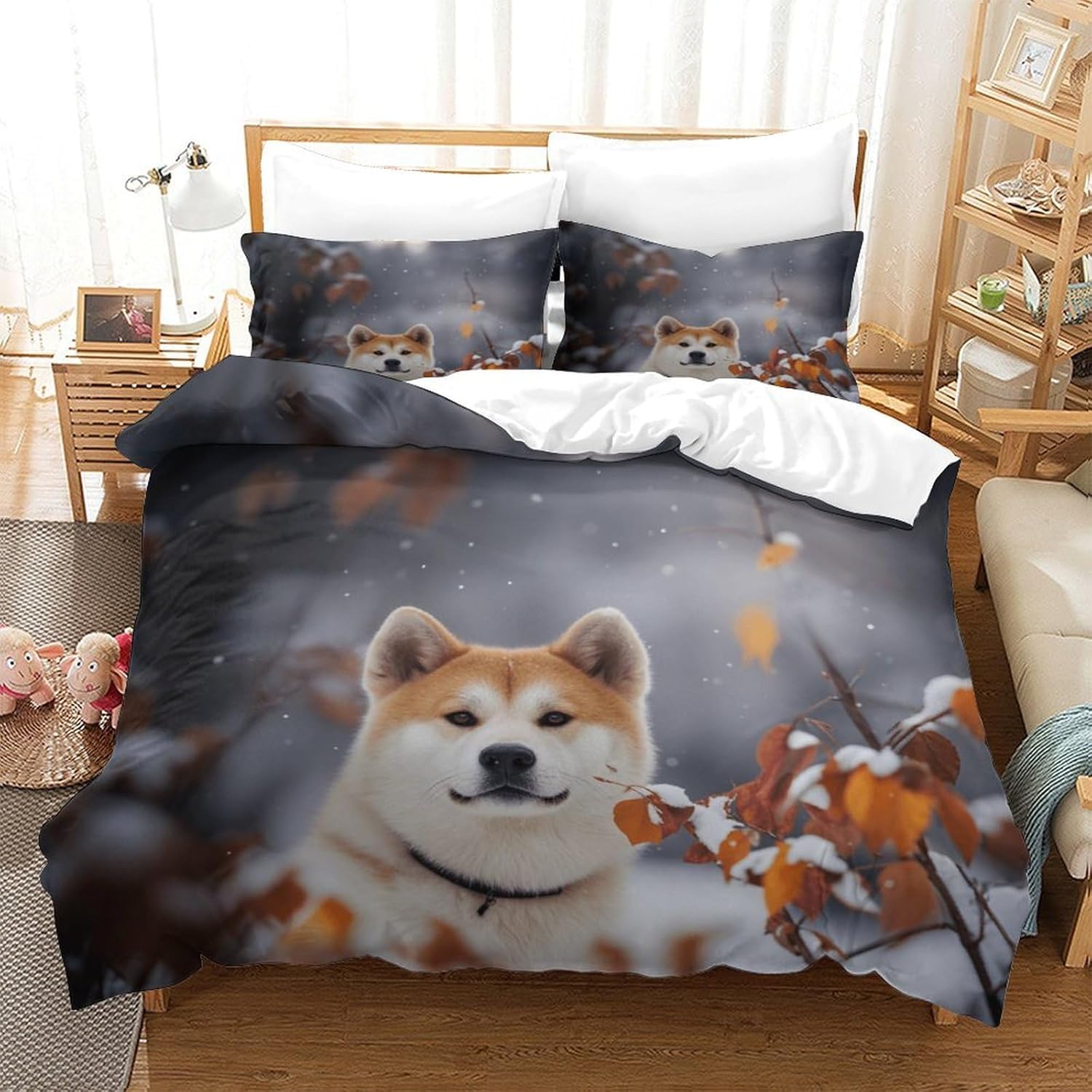 Copripiumino Matrimoniale 260x220 cm Aldulto Cane Akita Set di Biancheria da Letto con Cerniera Nascosta Morbido Traspirante Microfibra Set Copripiumini e 2 Federe 50x80 cm